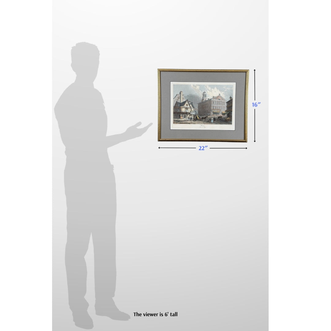 Framed restrike of engraving of Faneuil Hall (19th century) — Hand colored — With historical document