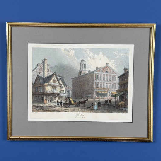 Framed restrike of engraving of Faneuil Hall (19th century) — Hand colored — With historical document
