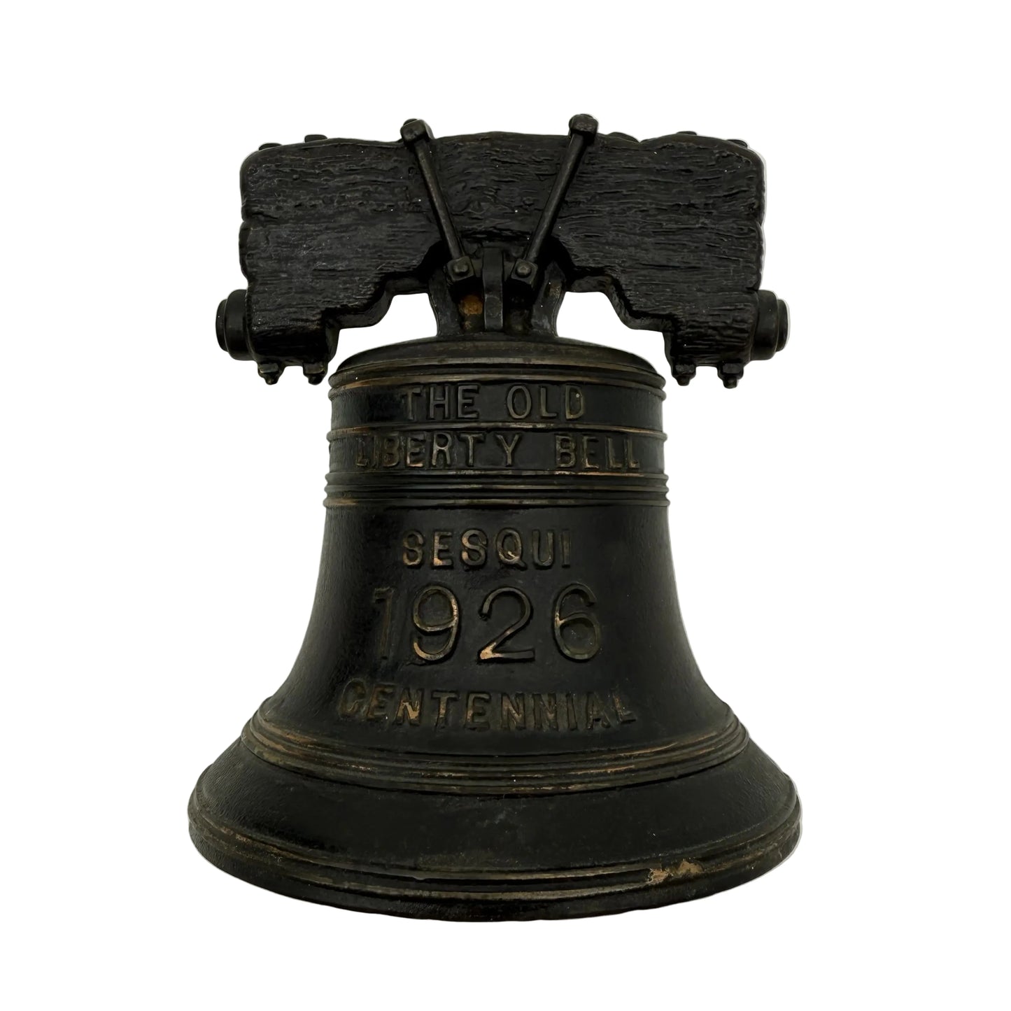 Front of the Sesqui-Centennial International Exposition Bookends in the shape of the Liberty Bell from The History List Store.