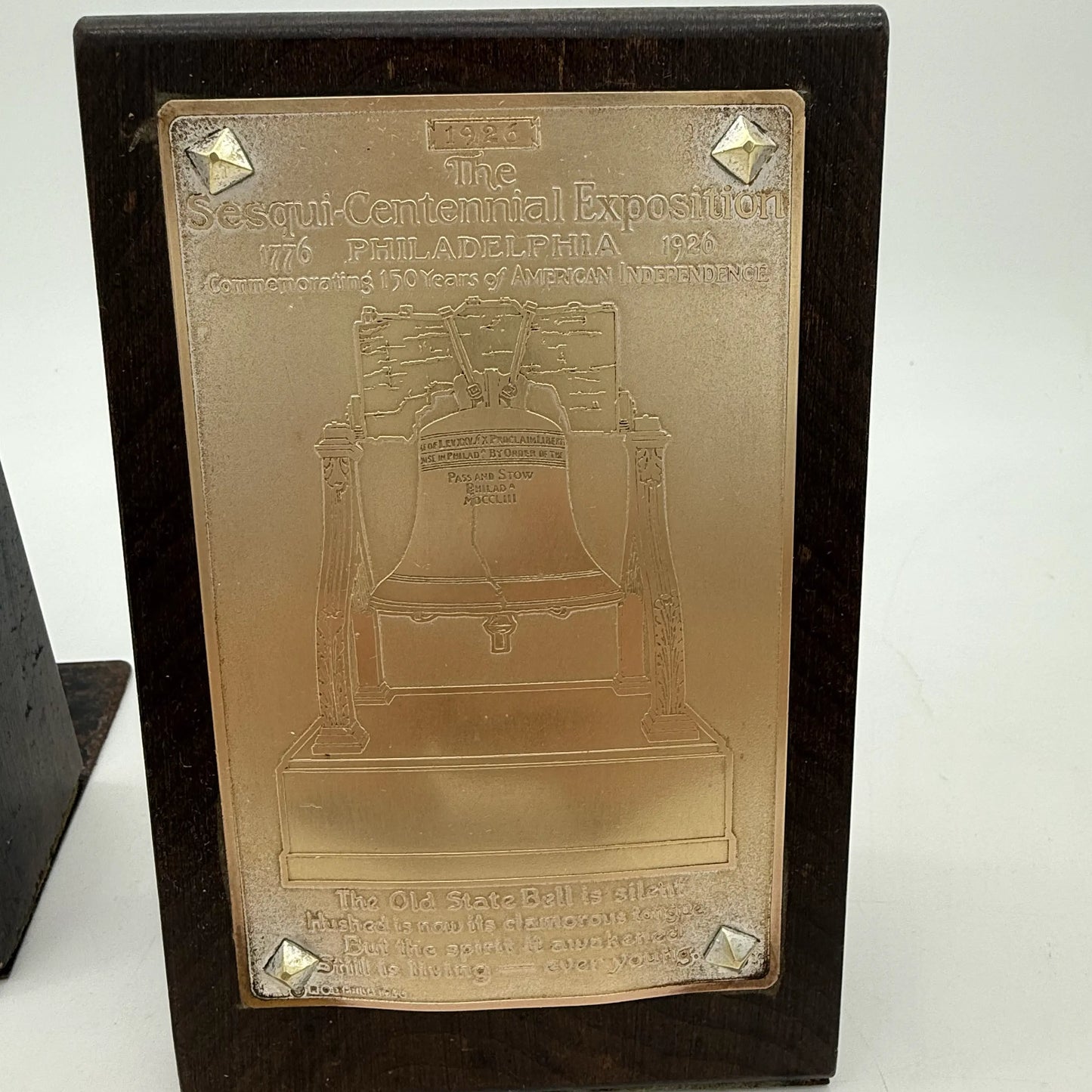 1926 Sesqui-Centennial bookends — Wood with brass plate with Liberty Bell
