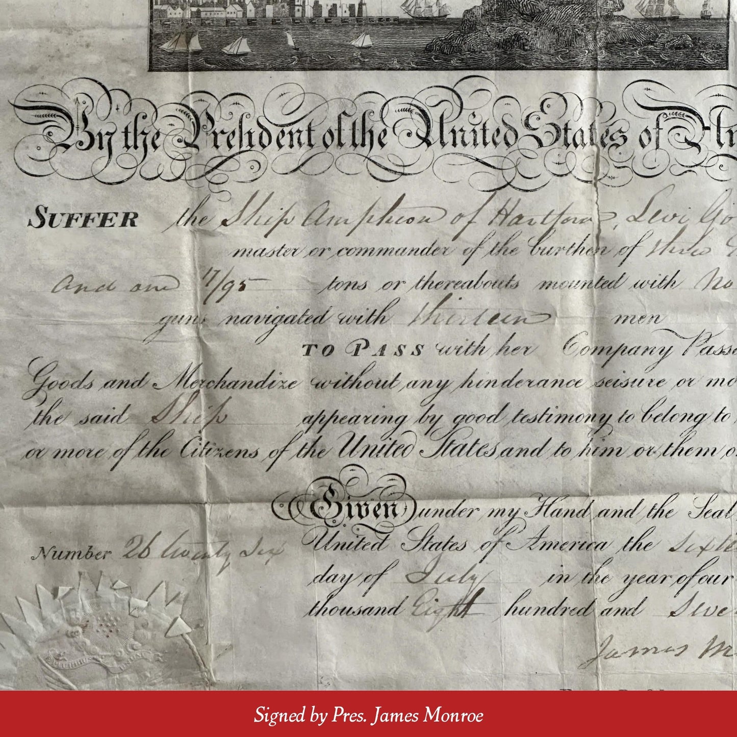 Ship's Passport - Signed by President John Tyler for "Ship Corinthian of New Bedford John Minkley"