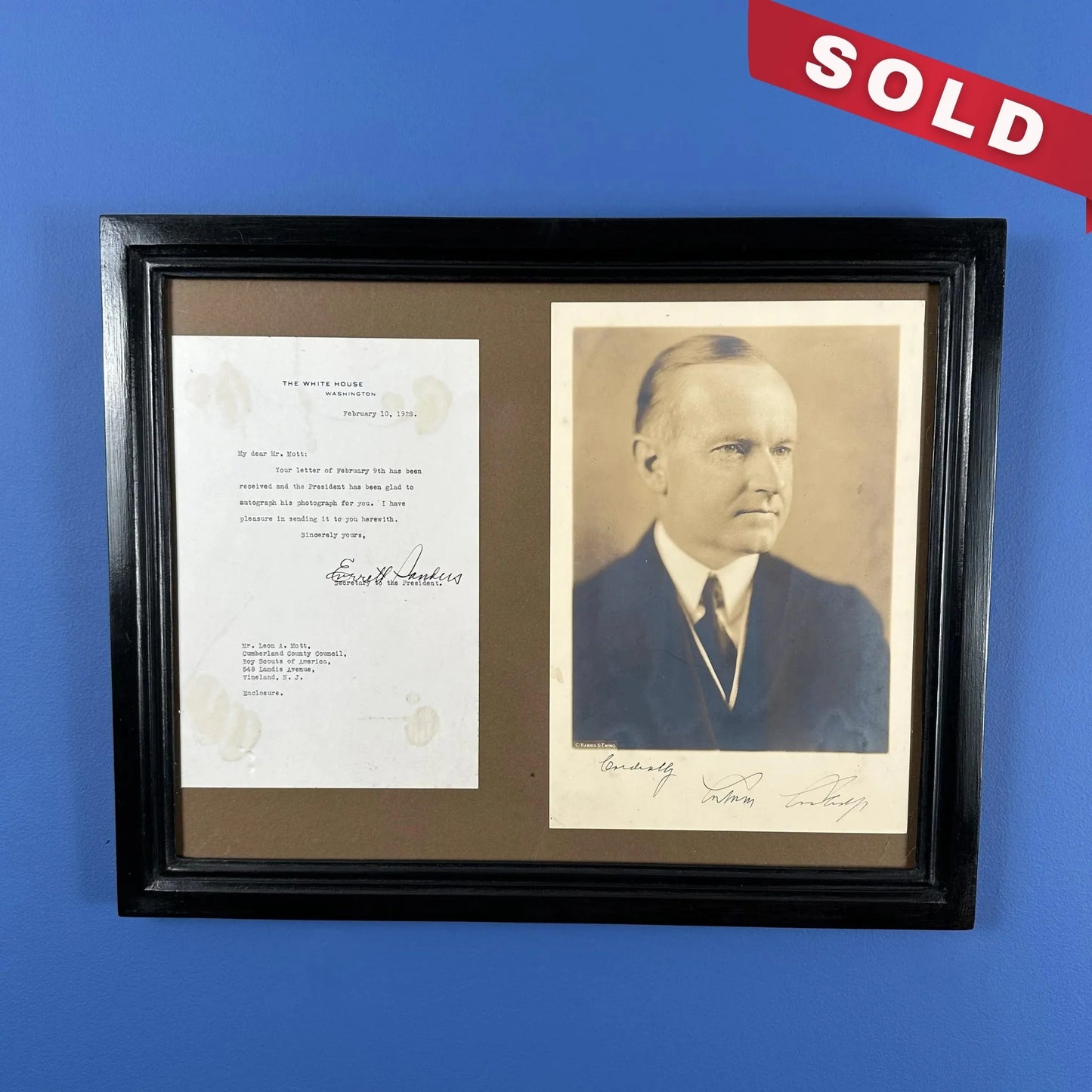 President Calvin Coolidge signed photograph with a note from his secretary, on White House stationery, in a handmade frame