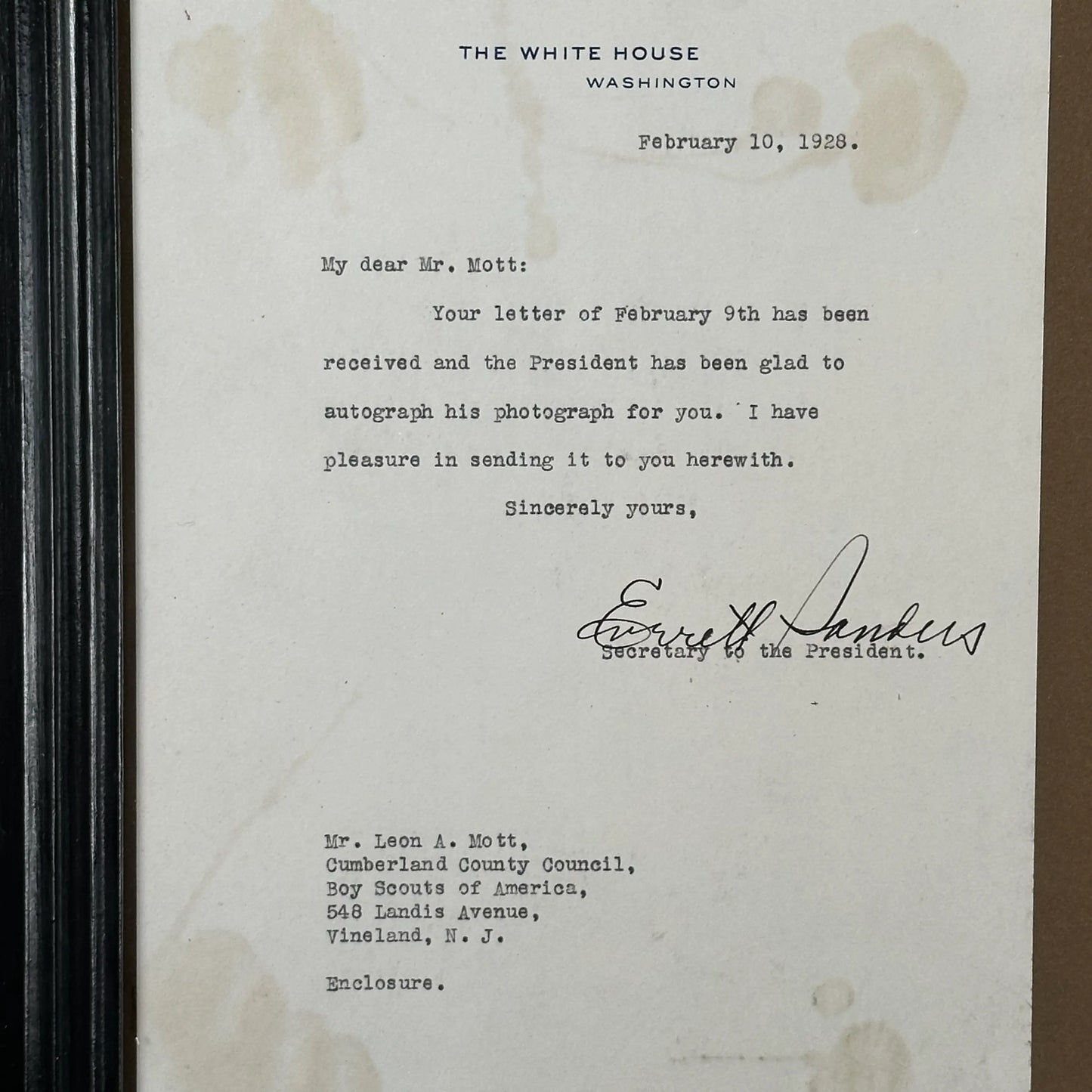 President Calvin Coolidge signed photograph with a note from his secretary, on White House stationery, in a handmade frame