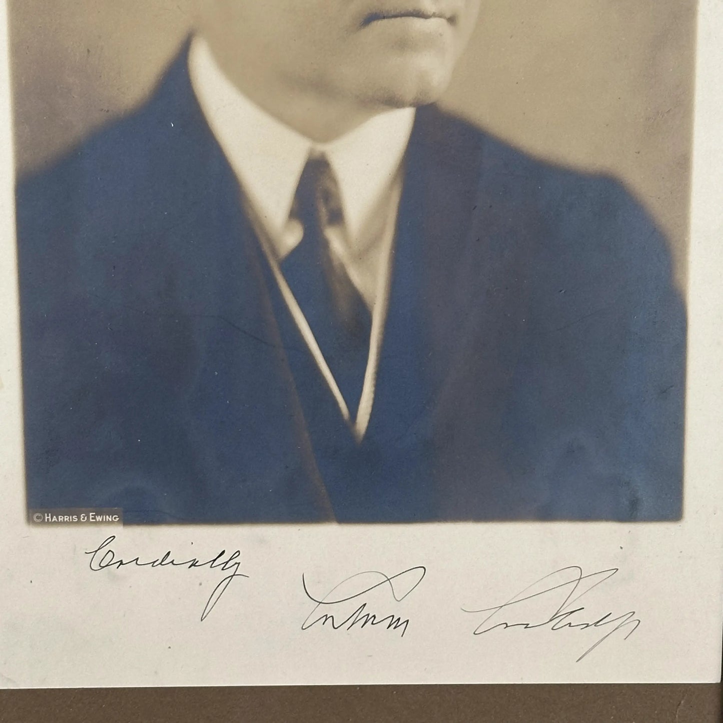 President Calvin Coolidge signed photograph with a note from his secretary, on White House stationery, in a handmade frame