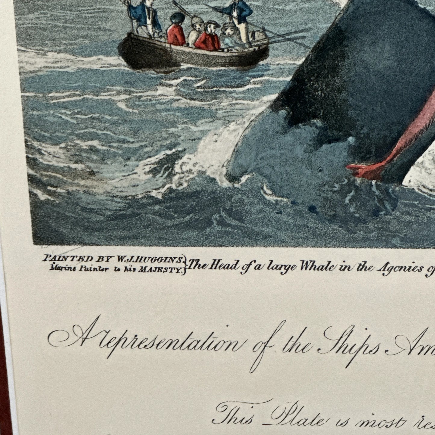 Large, framed, hand-colored whaling print