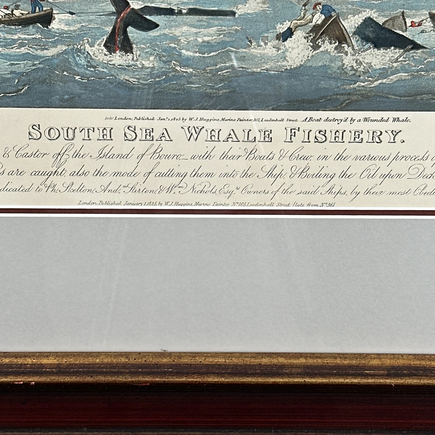 Large, framed, hand-colored whaling print
