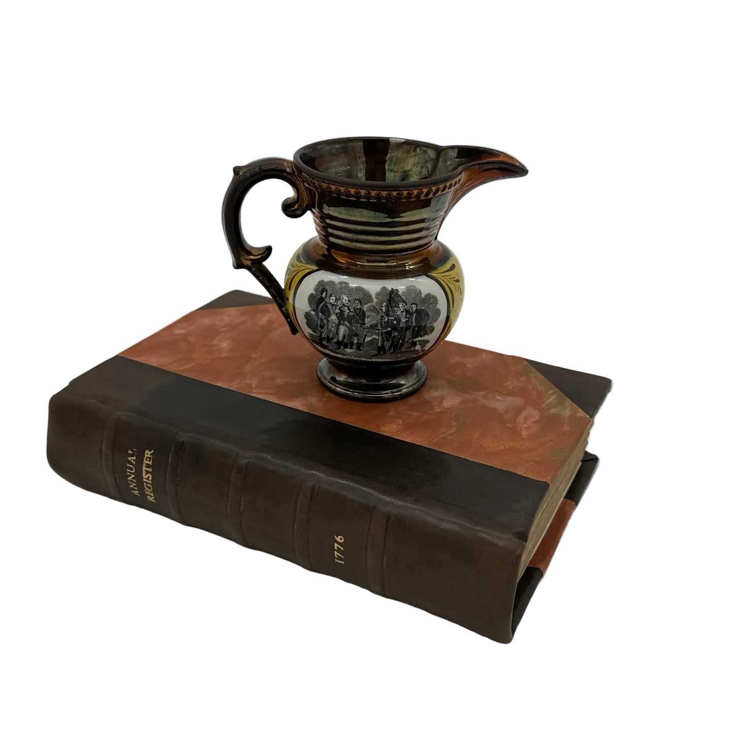 Historical Staffordshire "Lafayette" and "Cornwallis" Copper Luster Cream Pitcher — c. 1825