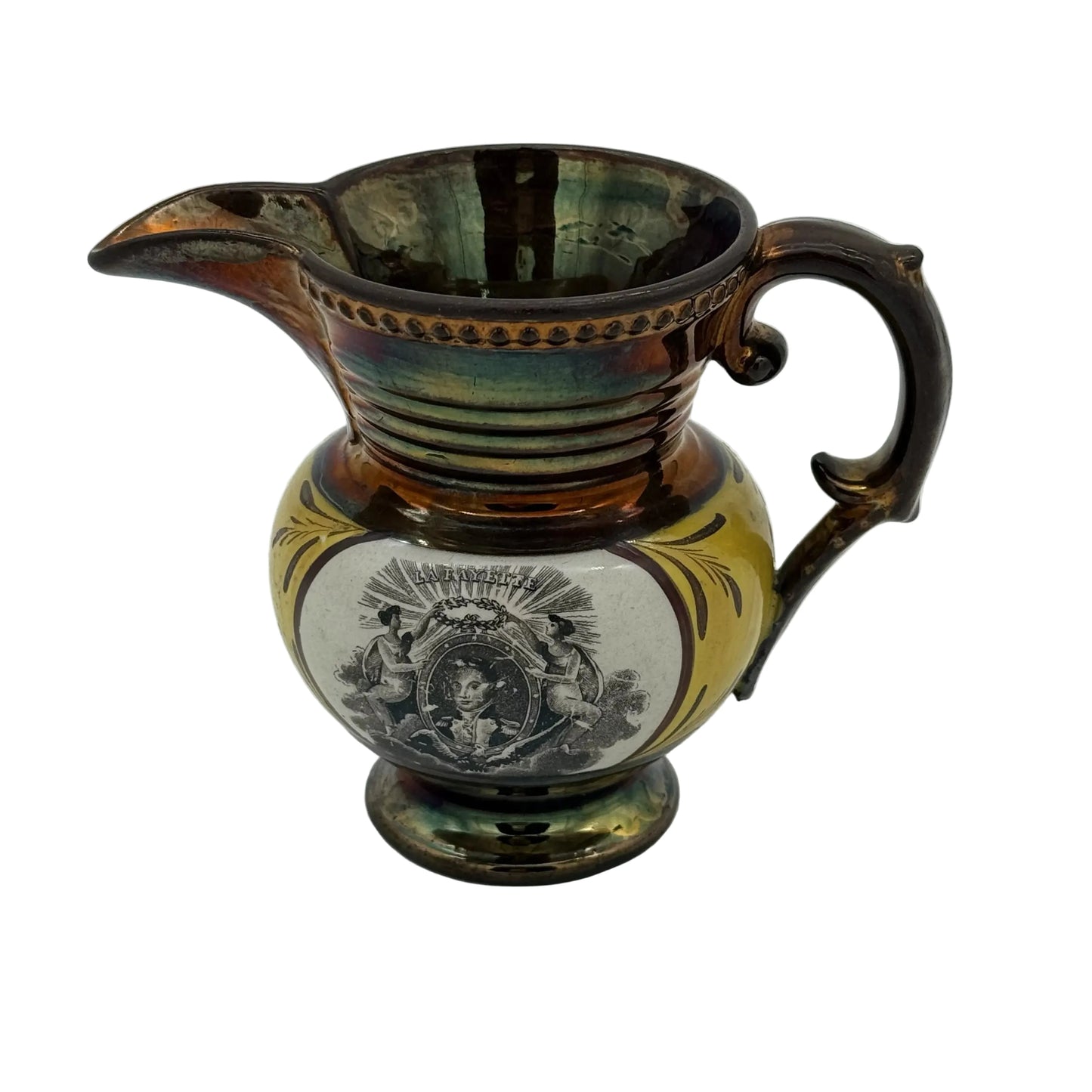 Historical Staffordshire "Lafayette" and "Cornwallis" Copper Luster Cream Pitcher — c. 1825