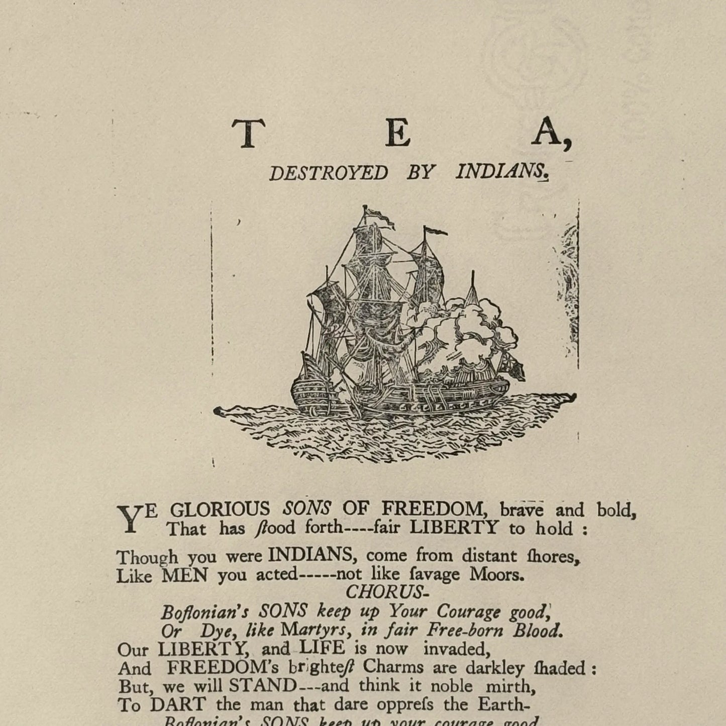 Framed "Tea Destroyed by Indians" reproduction print in an antique frame