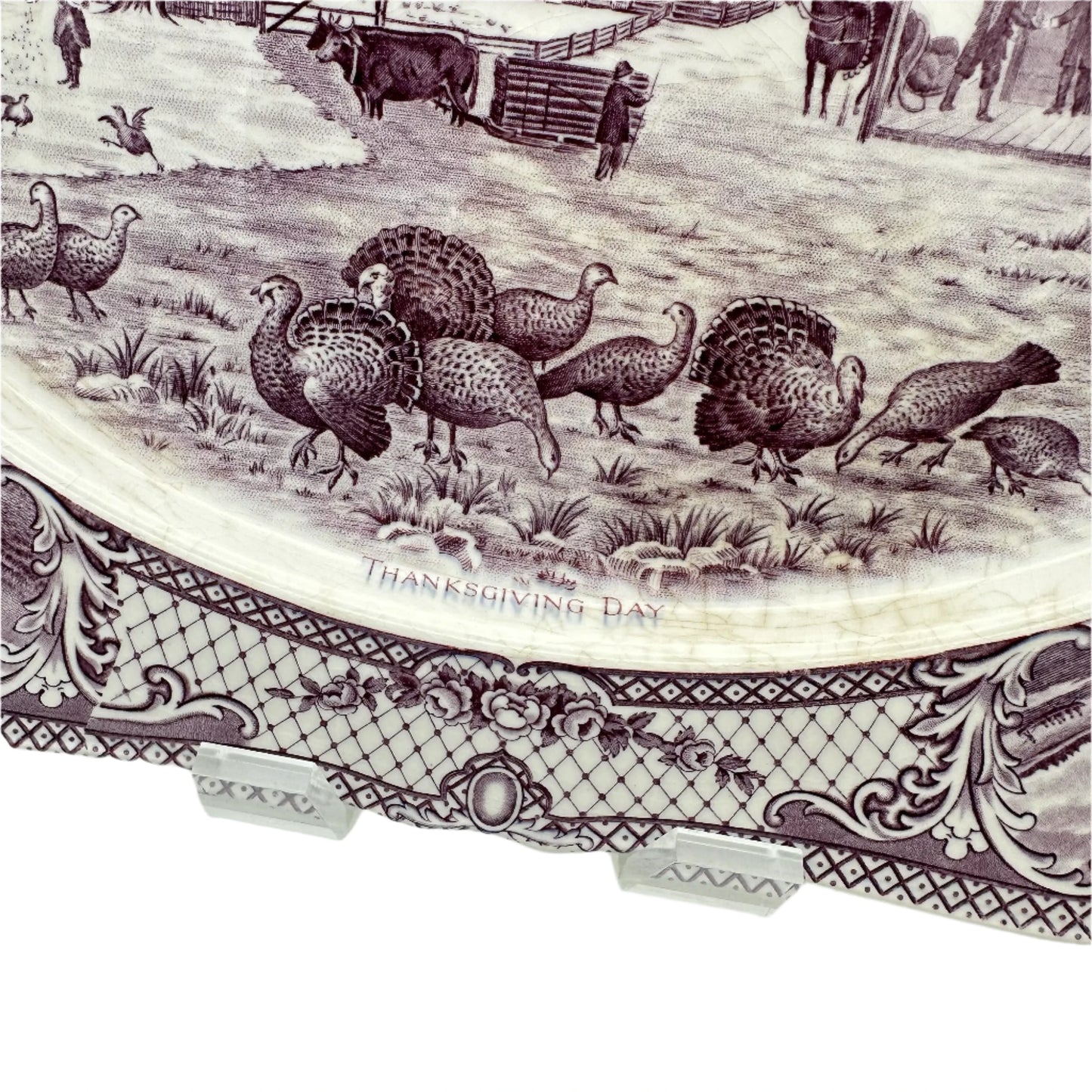 Close up of "Thanksgiving Day" text in Thanksgiving platter with historical scenes — From A.G. Richardson & Co. in England from The History List Store