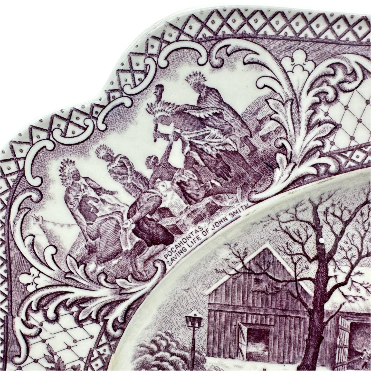 Close-up view of the 'Pocahontas Saving the Life of John Smith' scene on a Thanksgiving platter from A.G. Richardson & Co., England — from The History List Store.