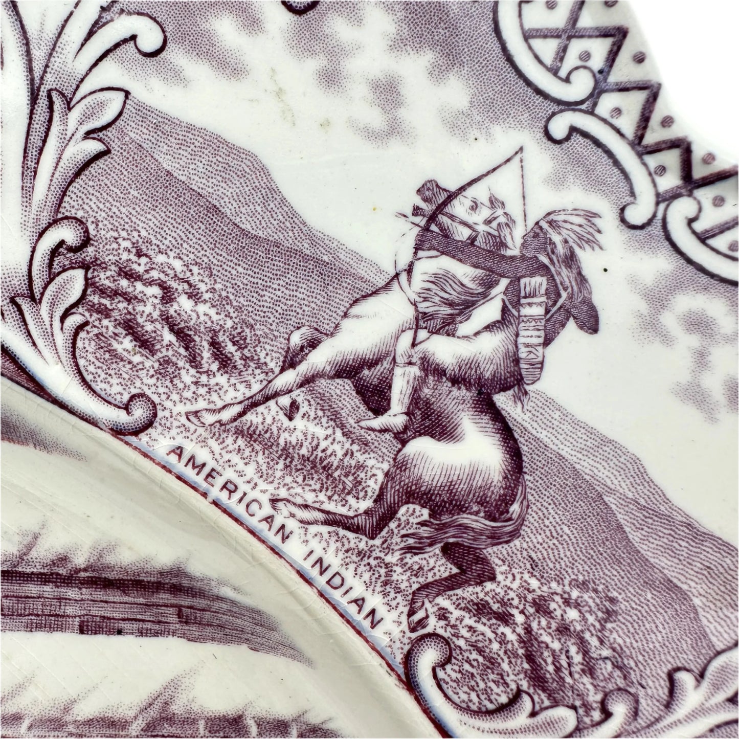 Close-up view of the 'American Indian' scene on a Thanksgiving platter from A.G. Richardson & Co., England — from The History List Store.