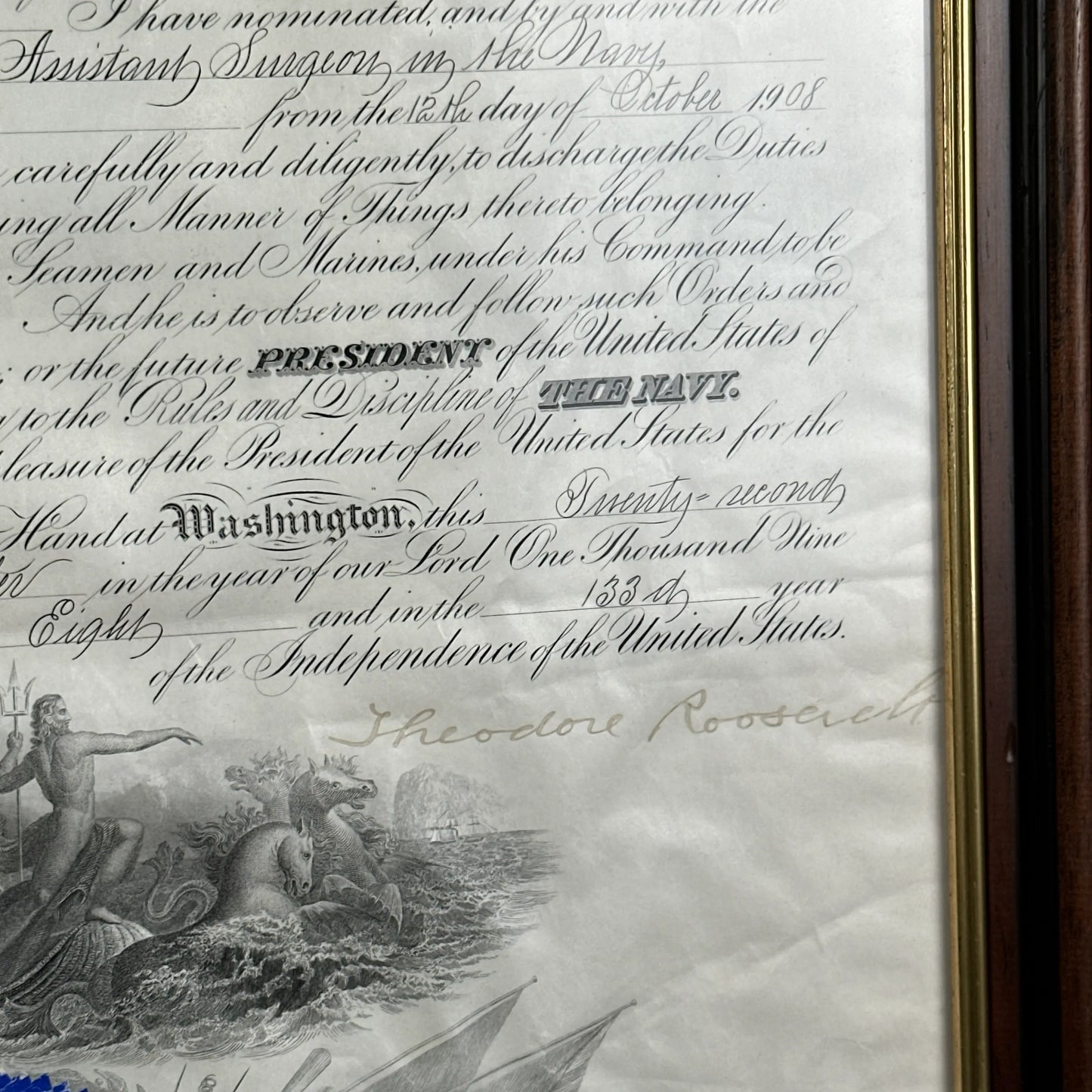 President Theodore Roosevelt Naval Appointment — Signed December 23, 1908
