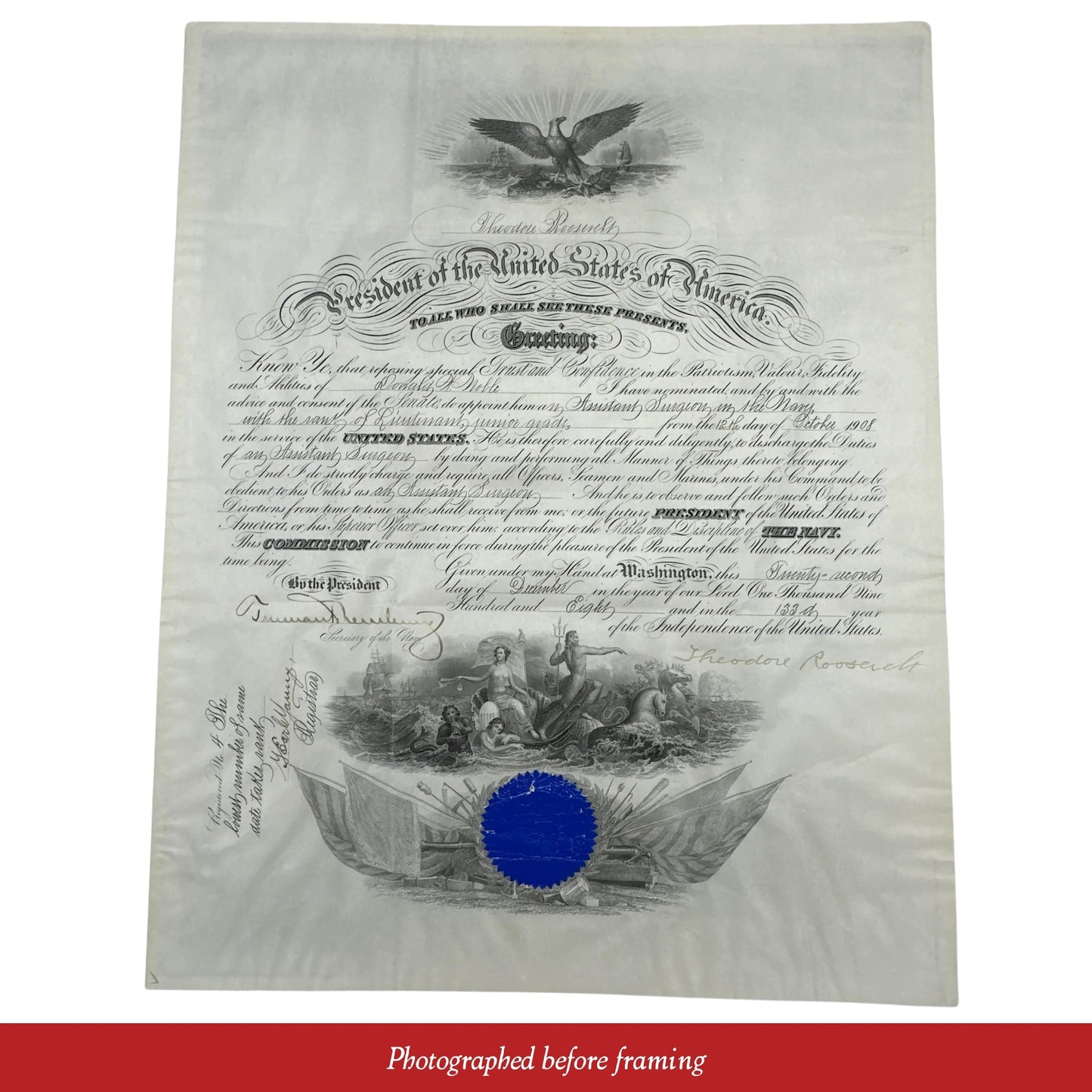 President Theodore Roosevelt Naval Appointment — Signed December 23, 1908