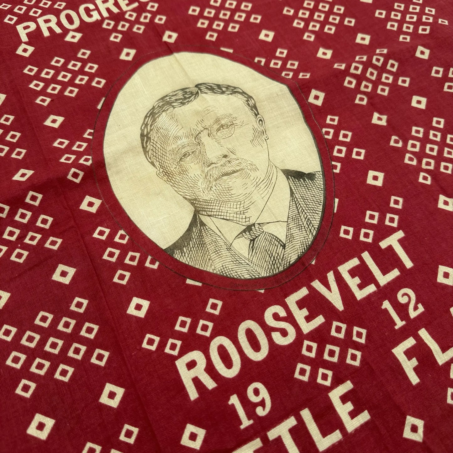 Close up detail of the Theodore Roosevelt Progressive Party Battle Flag Bandana — 1912 from The History List Store.