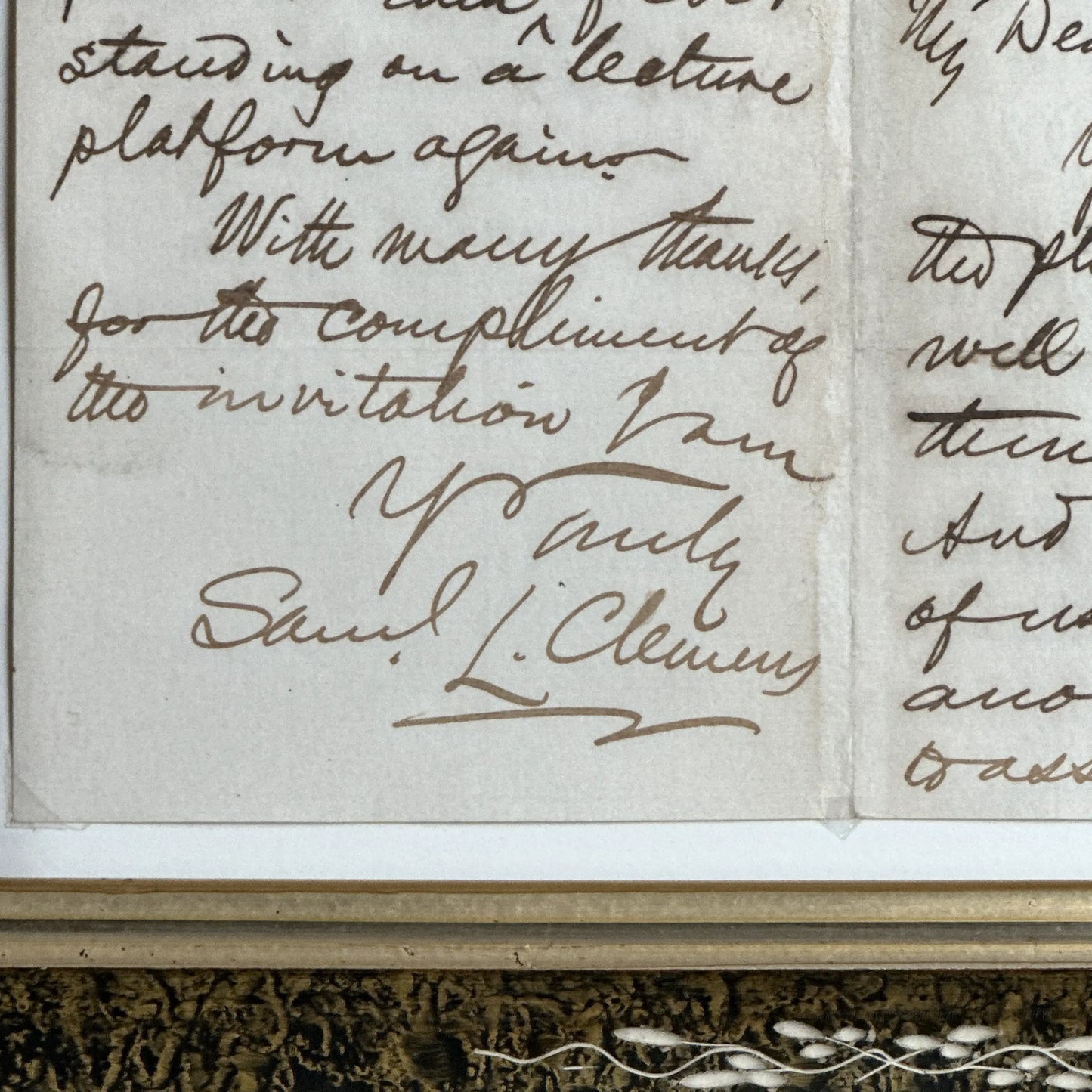 Mark Twain Hand Signed Letter in an antique frame from the period —  Documented by scholars