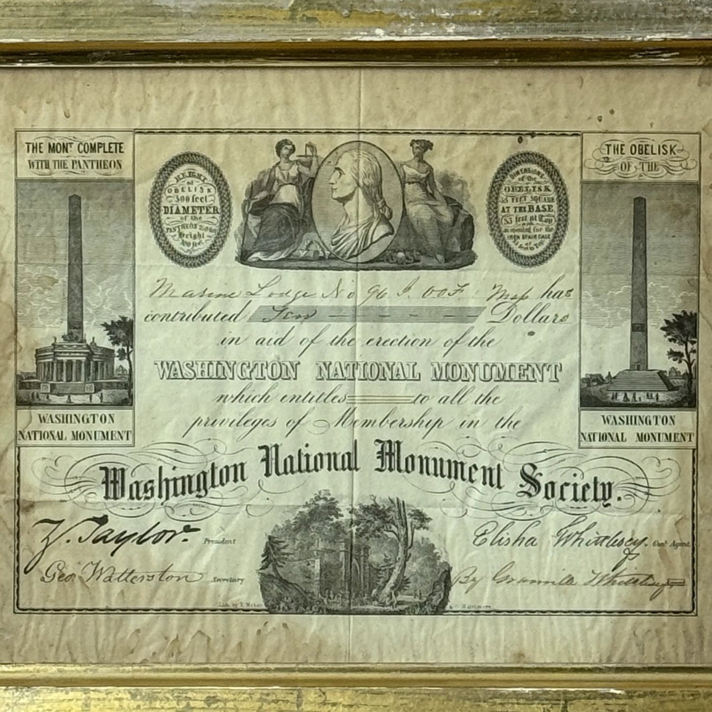 Washington Monument Society Contribution Certificate — In a period frame with period glass