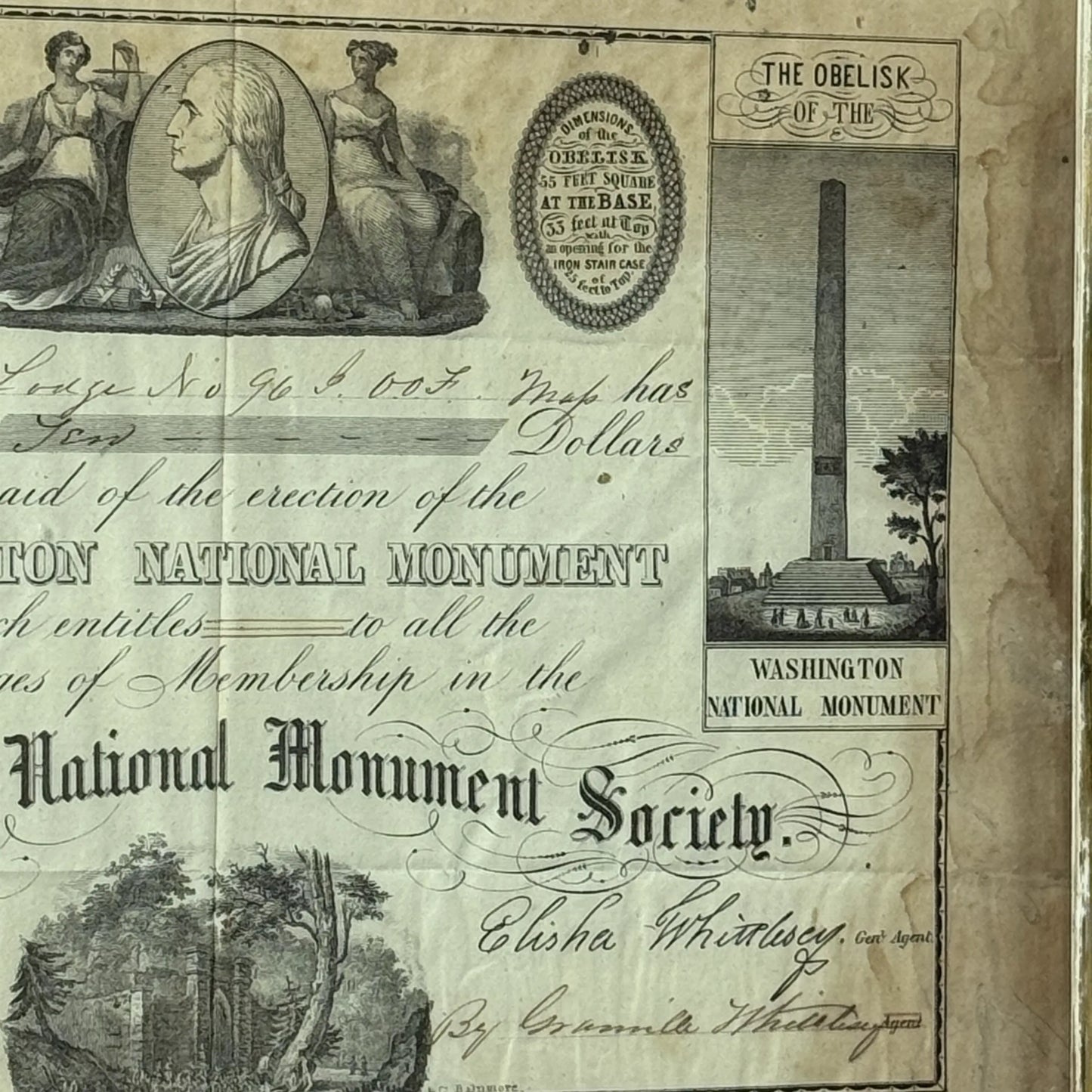Washington Monument Society Contribution Certificate — In a period frame with period glass