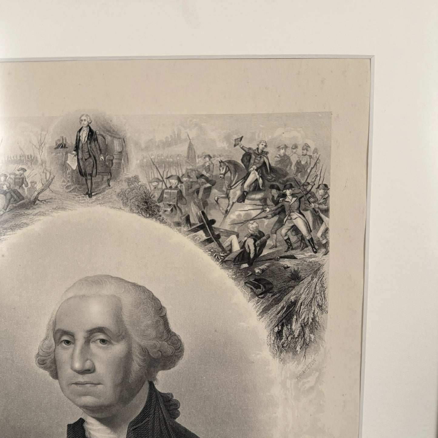 Washington print with scenes from his life — 1866 — Framed