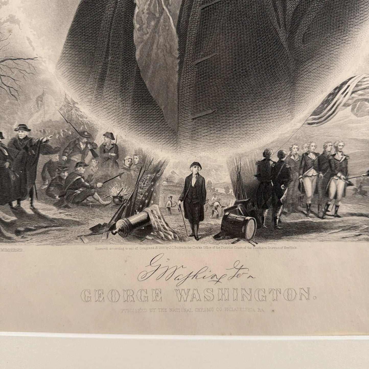 Washington print with scenes from his life — 1866 — Framed