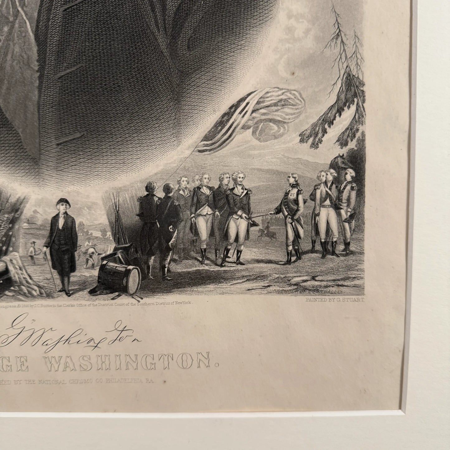 Washington print with scenes from his life — 1866 — Framed