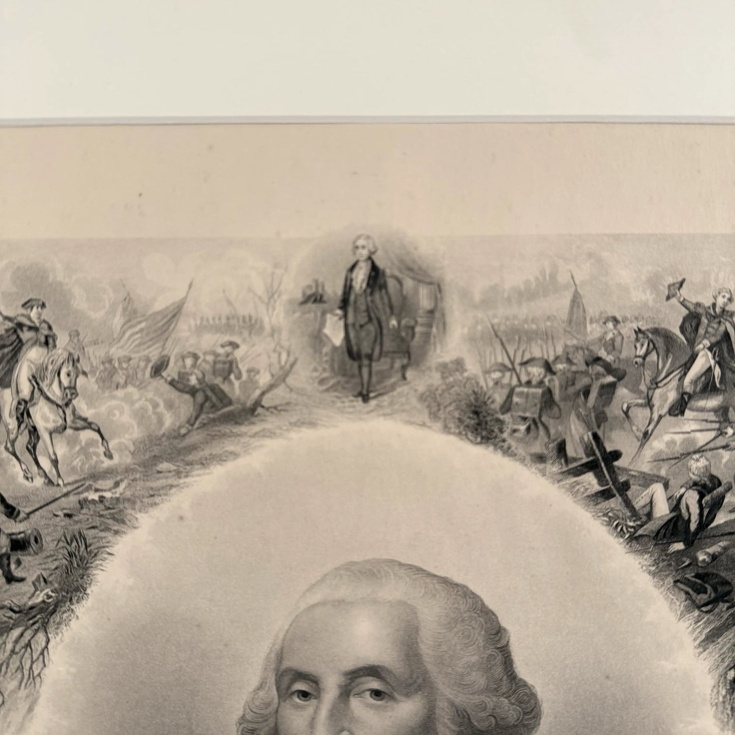 Washington print with scenes from his life — 1866 — Framed