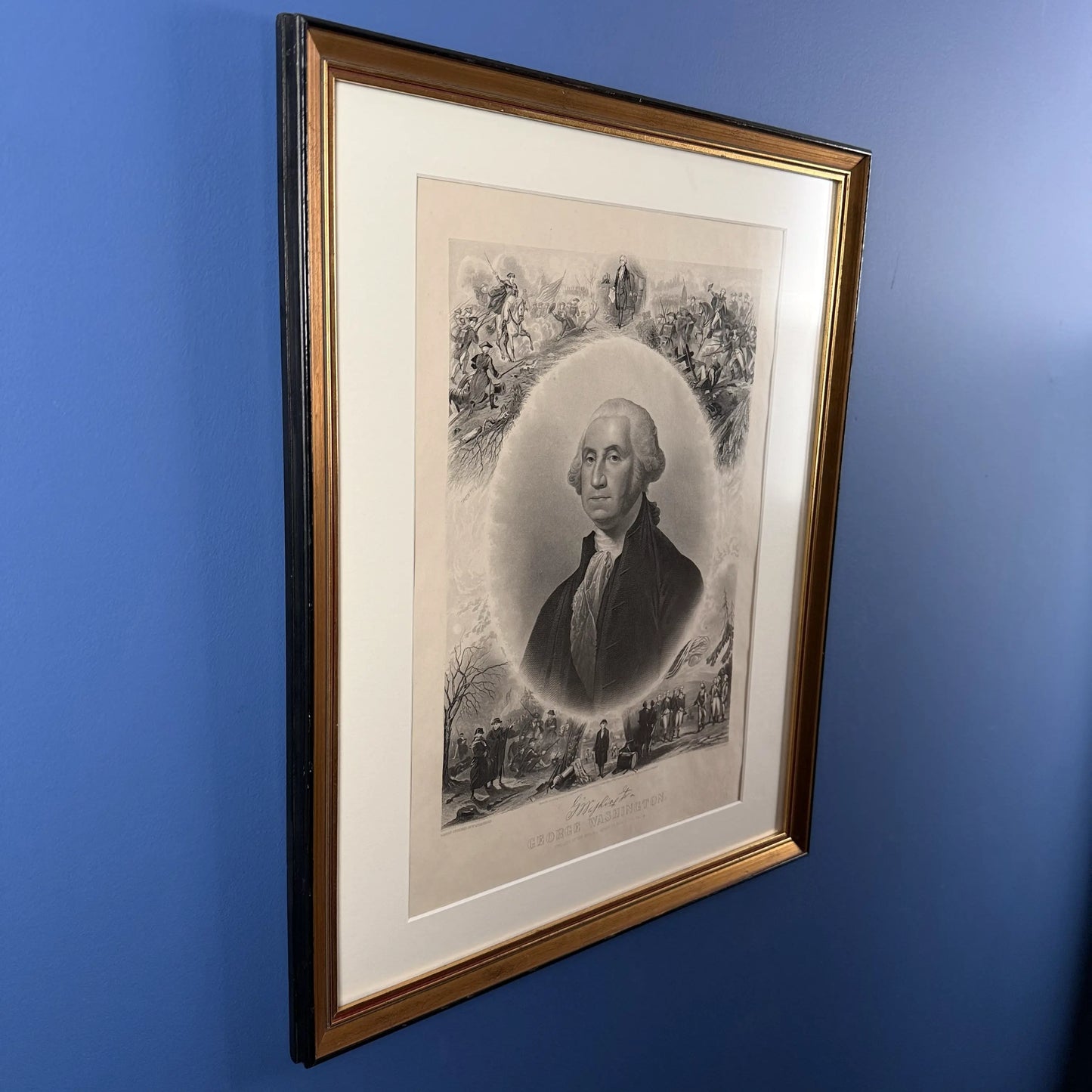 Washington print with scenes from his life — 1866 — Framed