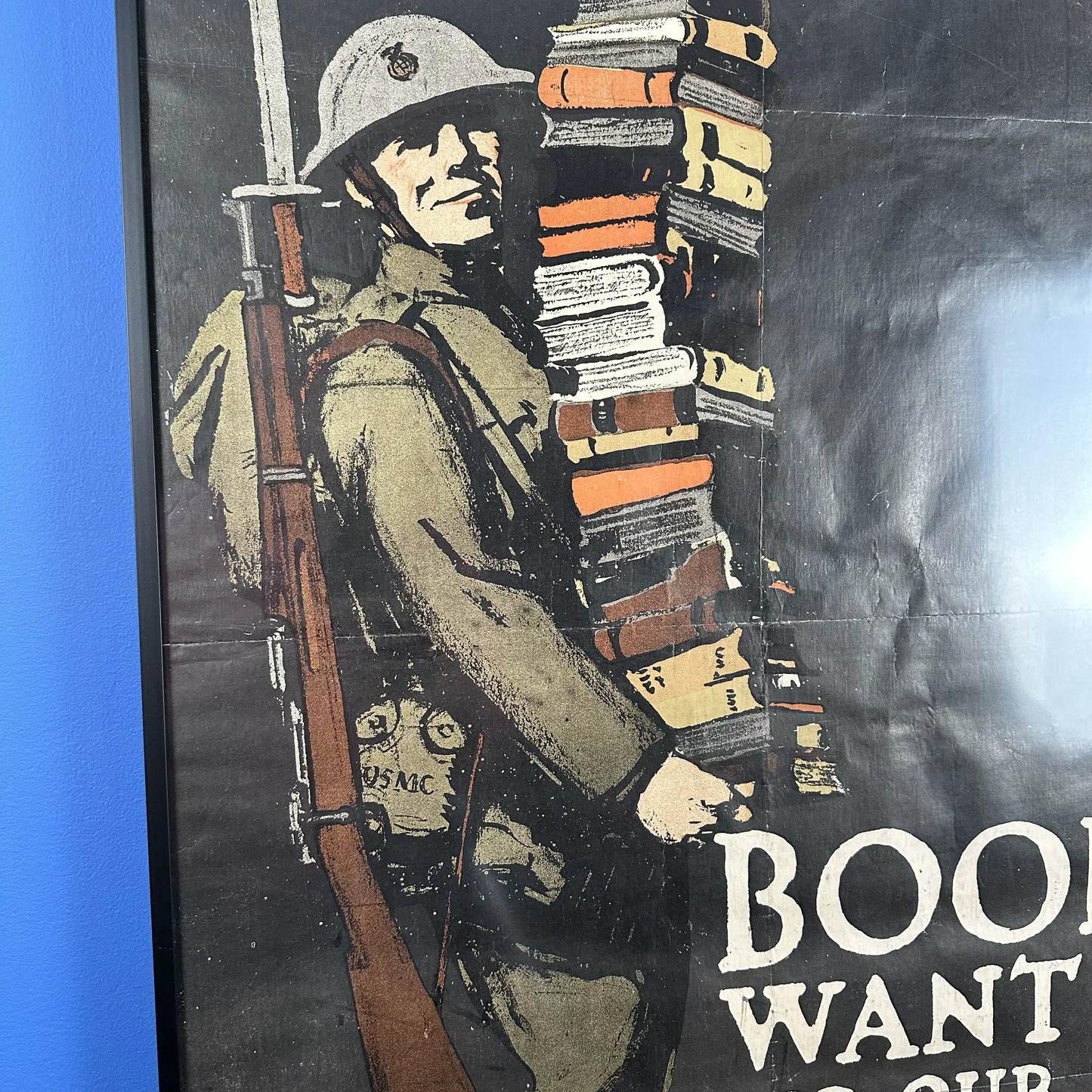 Original WWI poster — "Books wanted for our men in camp and over there" — Framed, with museum-grade acrylic