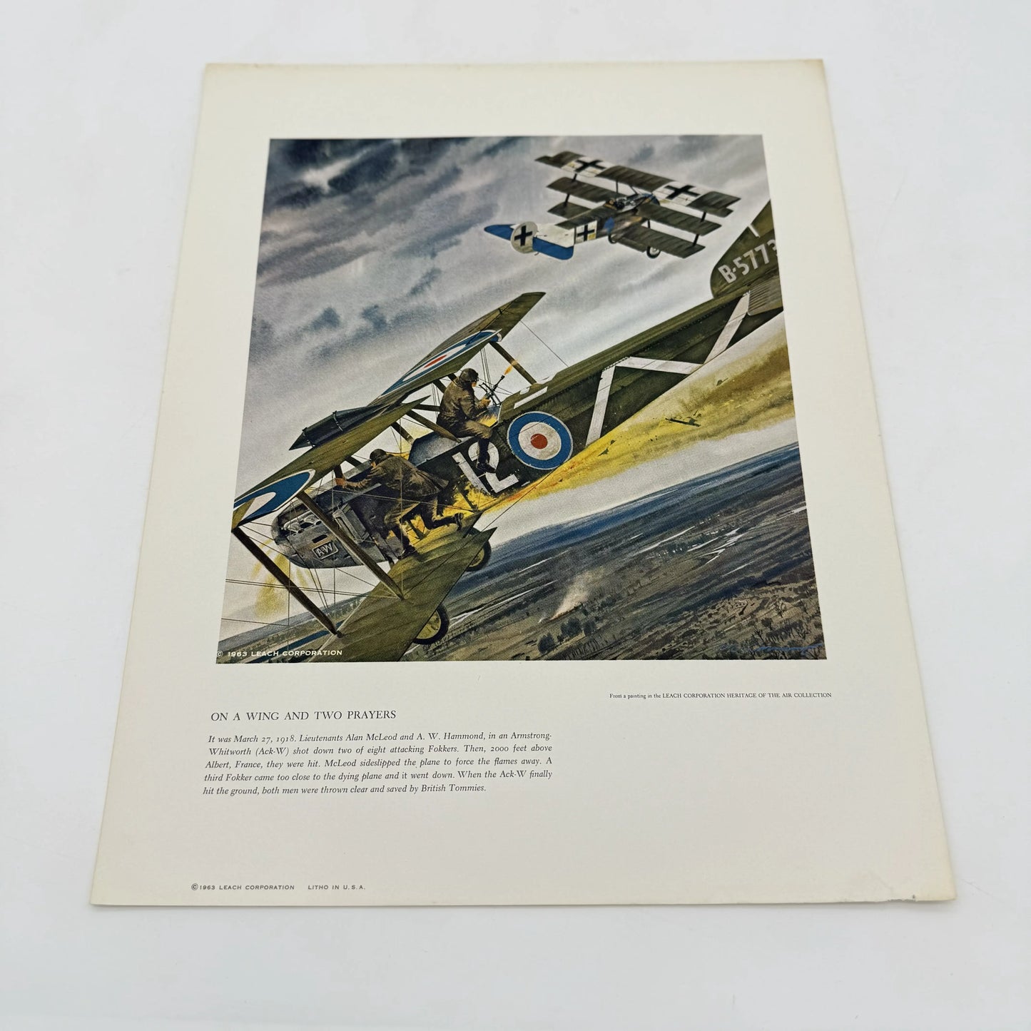 "On A Wing and Two Prayers" print, one of the WWI Aerial Combat Prints by Mervin Allen Corning for the Leach Corporation.