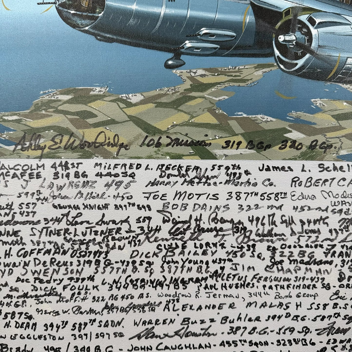 "B-26 Marauder" painting on canvas — Signed by 100+ WWII bomber veterans