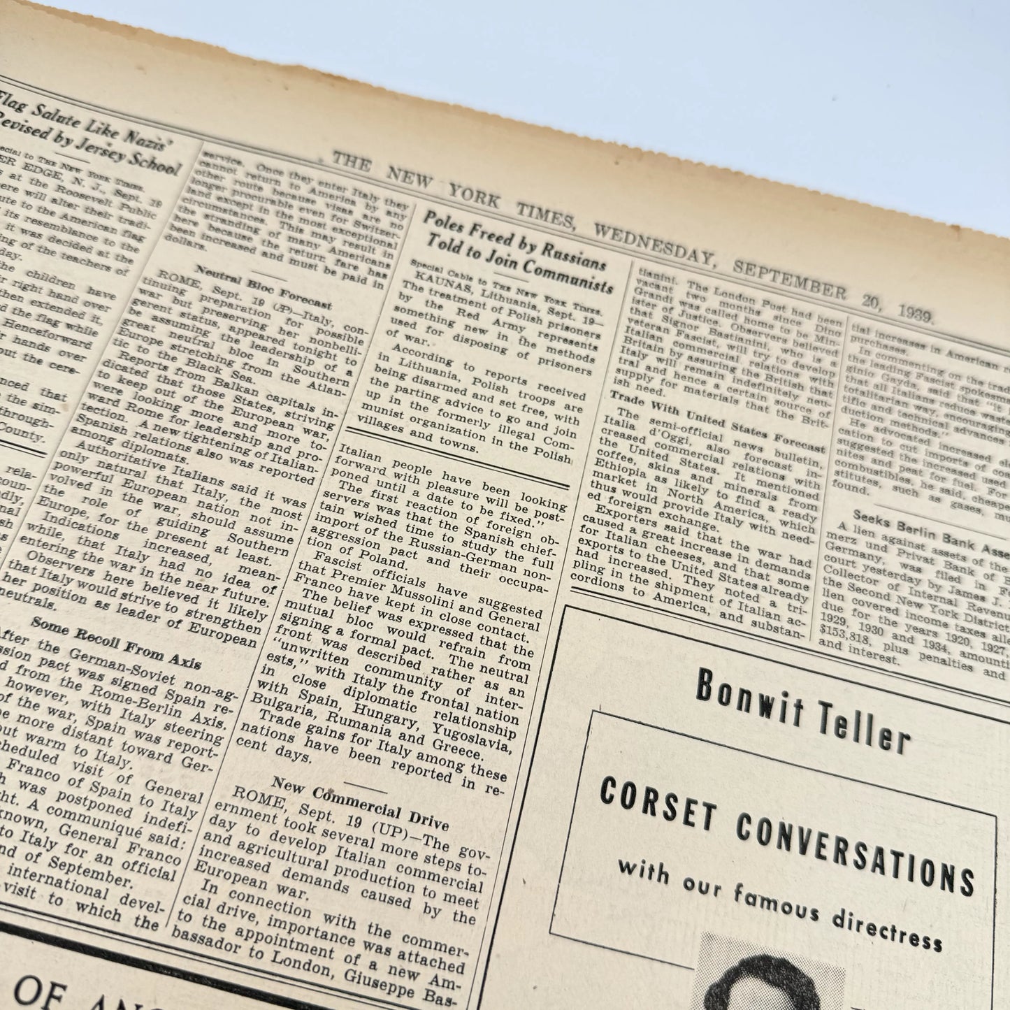 The New York Times coverage of WWII — September 20 and 21, 1939 — Sold as a set