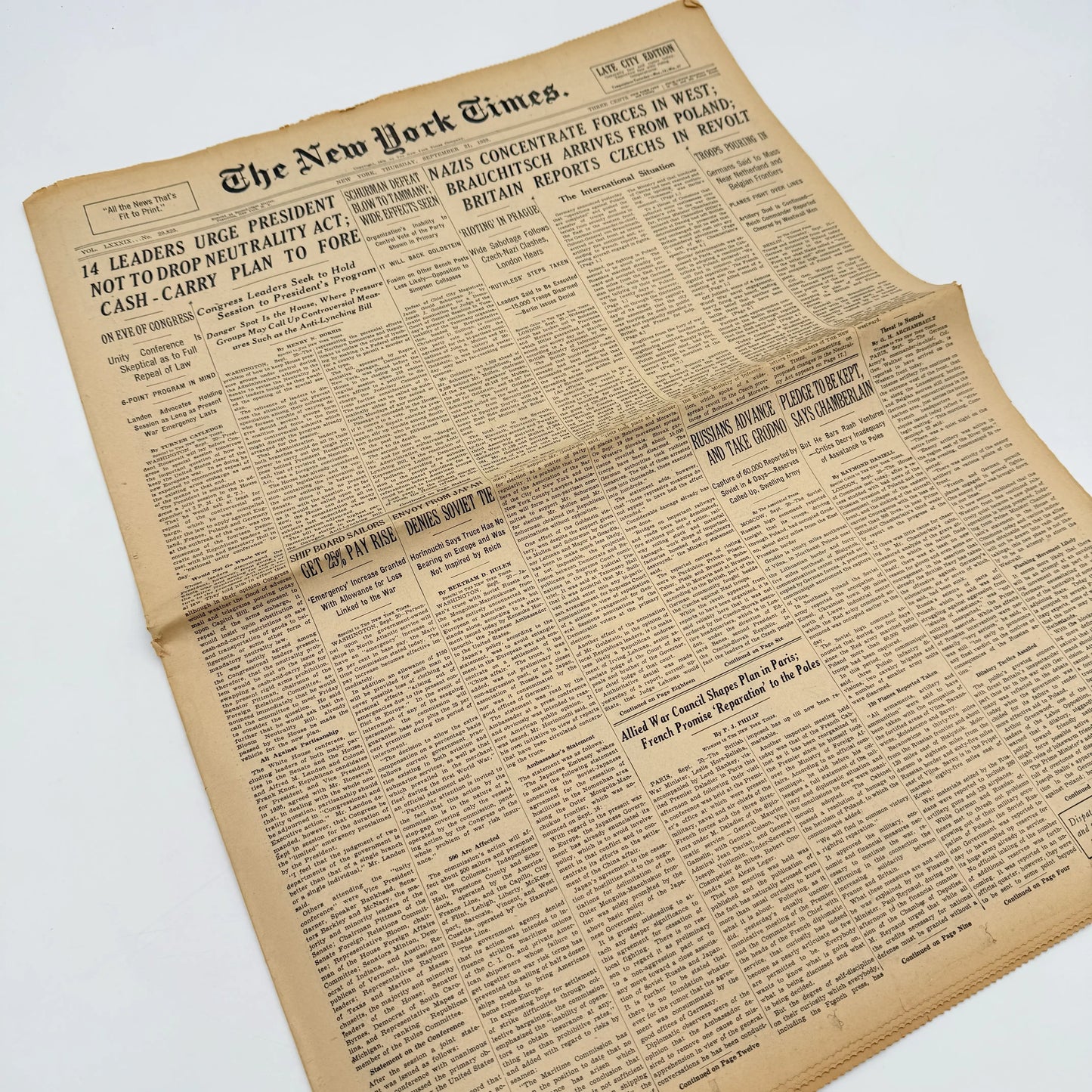The New York Times coverage of WWII — September 20 and 21, 1939 — Sold as a set
