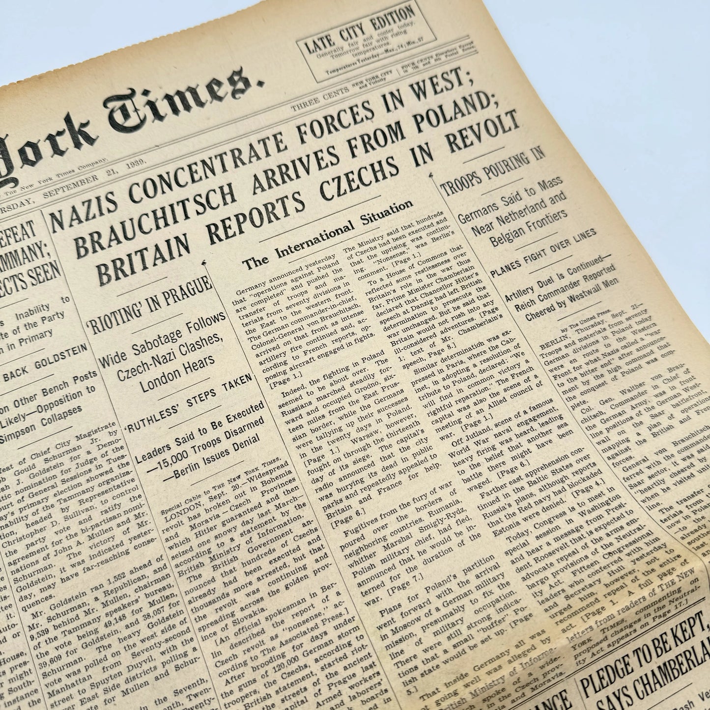 The New York Times coverage of WWII — September 20 and 21, 1939 — Sold as a set
