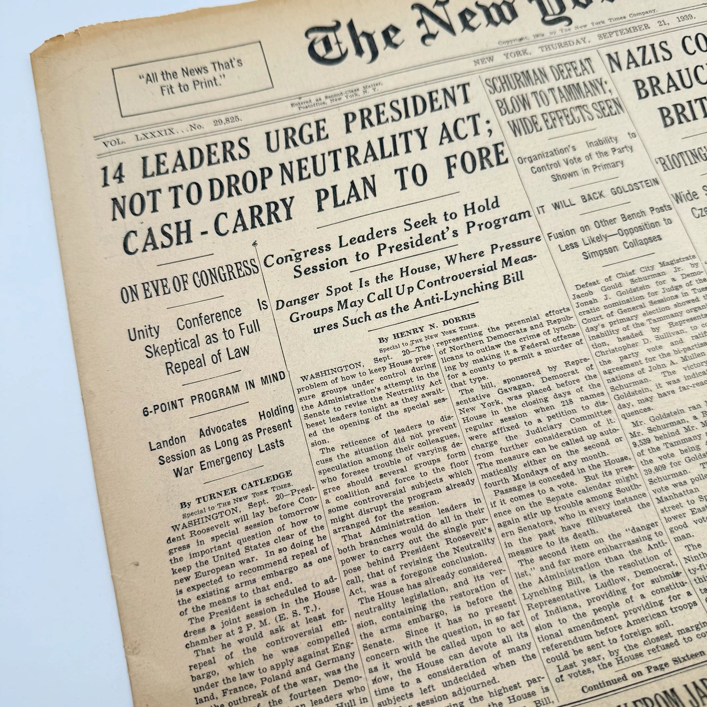 The New York Times coverage of WWII — September 20 and 21, 1939 — Sold as a set