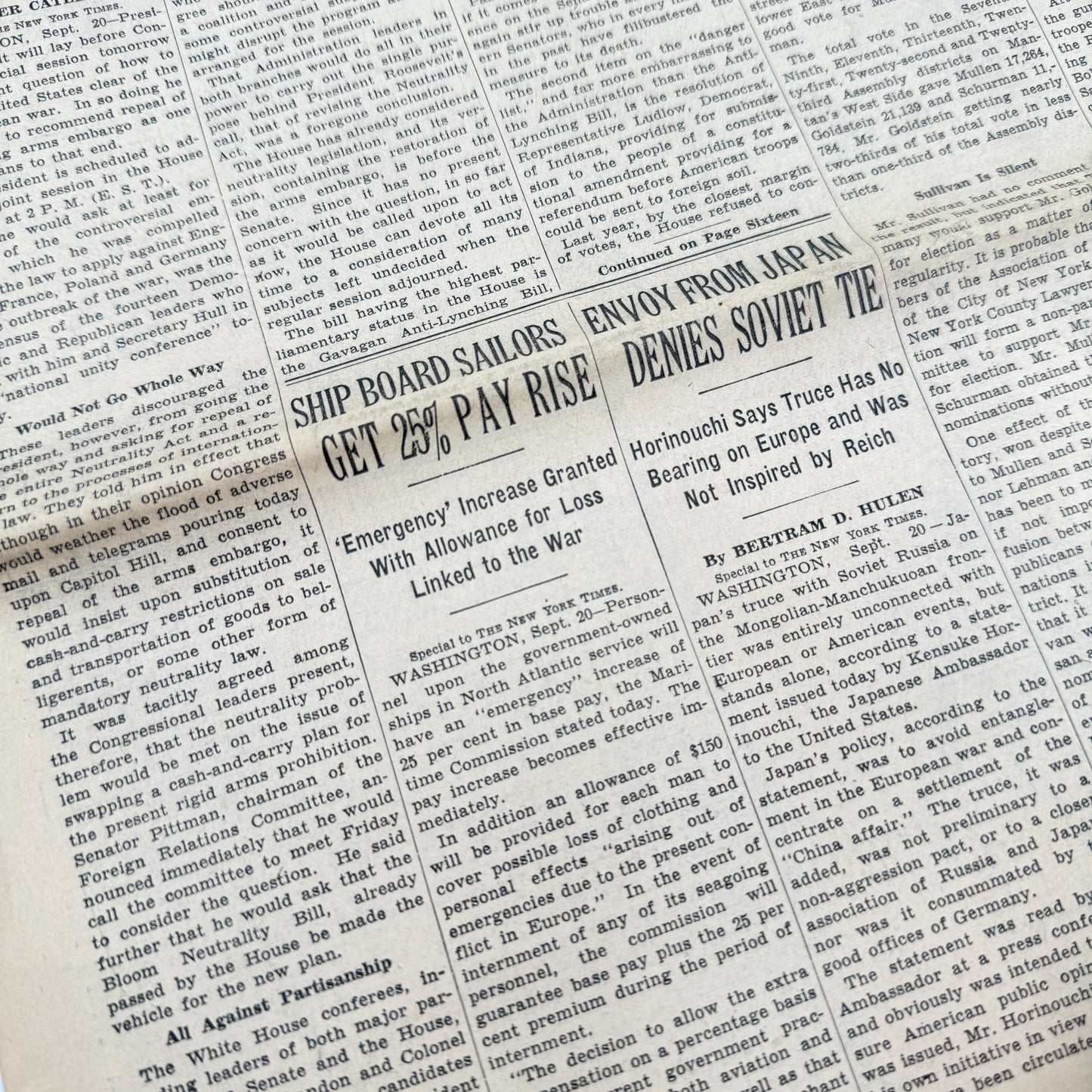 The New York Times coverage of WWII — September 20 and 21, 1939 — Sold as a set