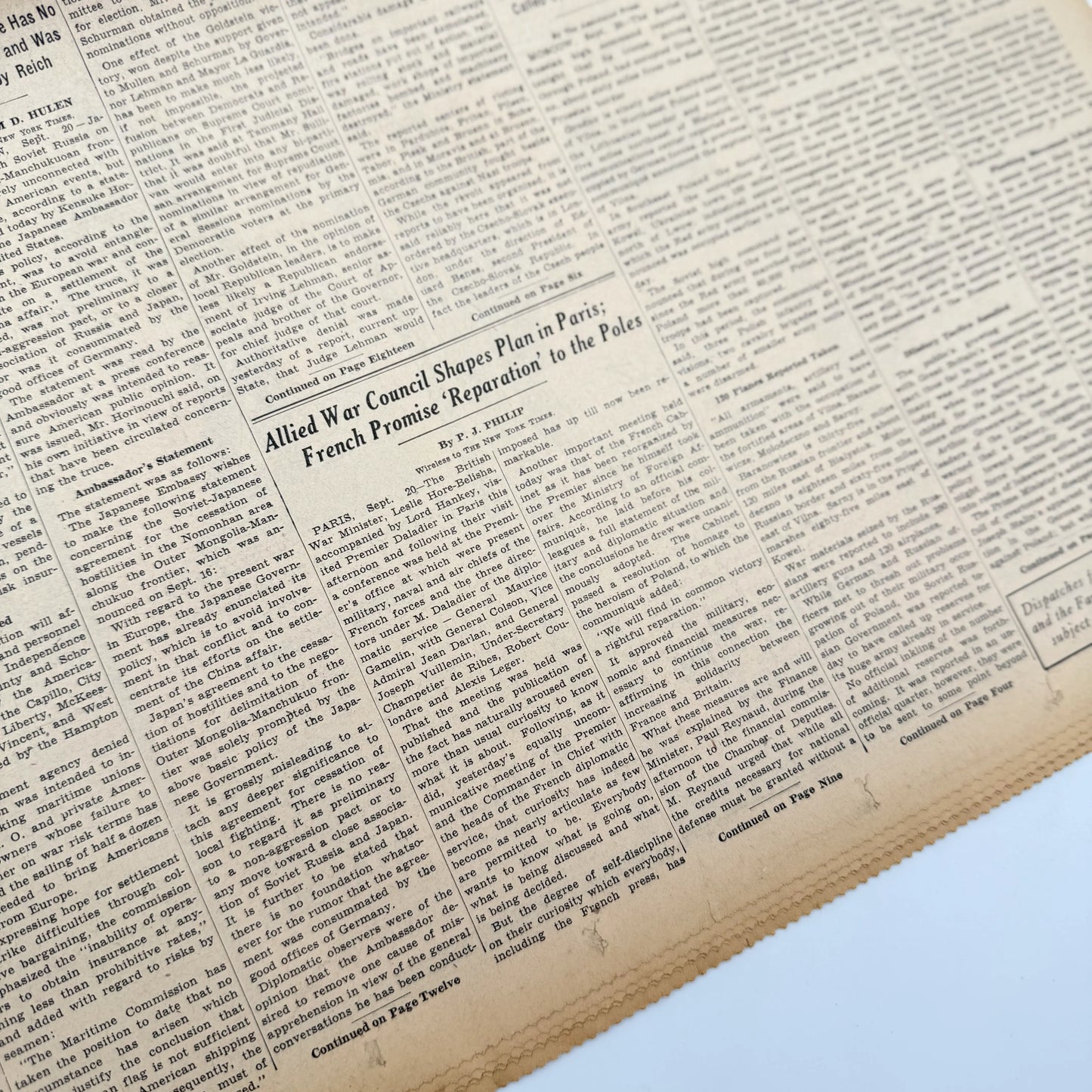 The New York Times coverage of WWII — September 20 and 21, 1939 — Sold as a set