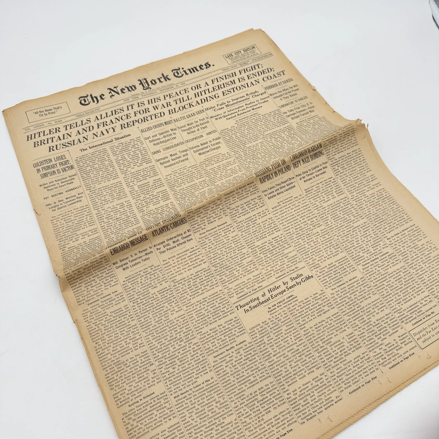 Full view of " The New York Times coverage of WWII — September 20 and 21, 1939 — Sold as a set" from The History List Store.