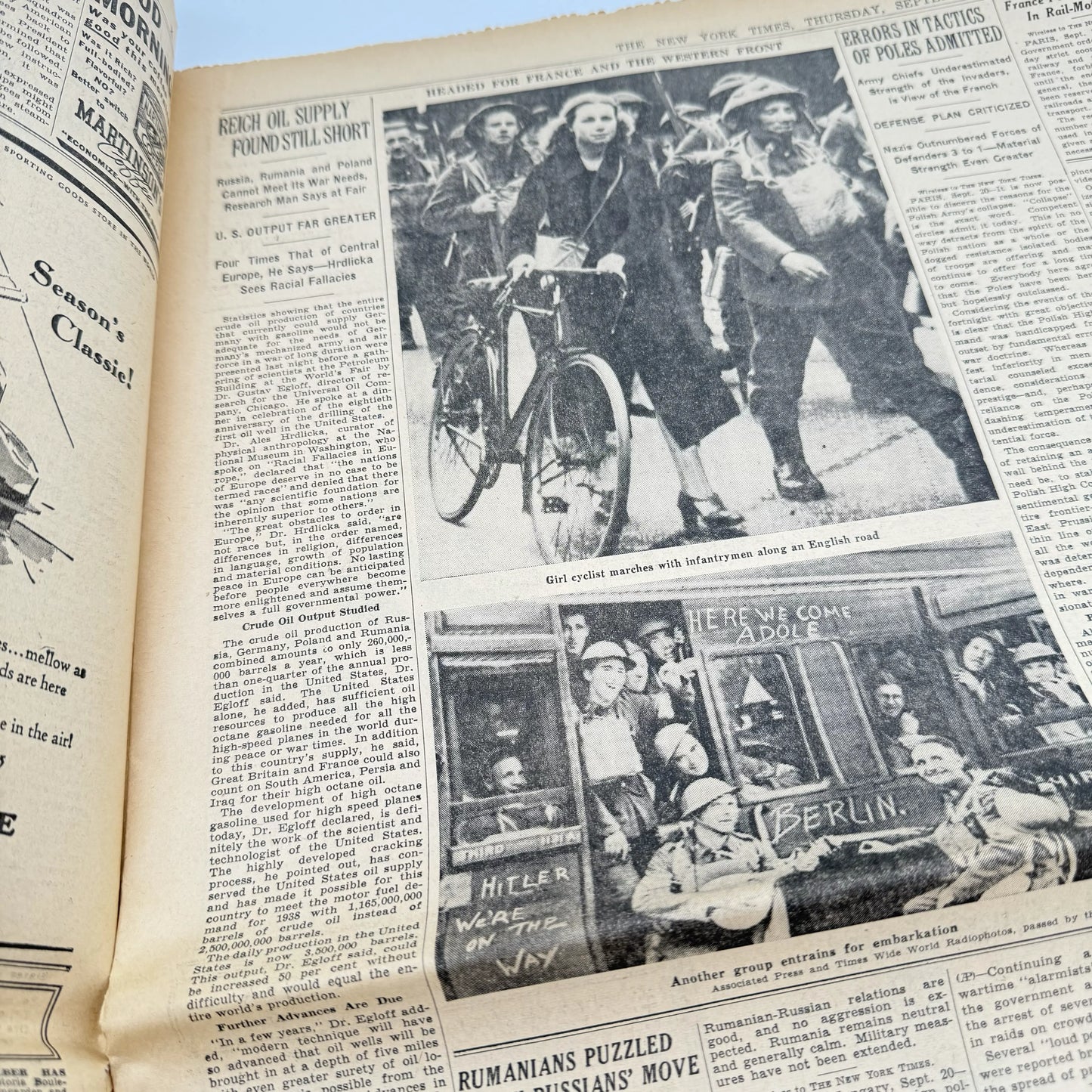 The New York Times coverage of WWII — September 20 and 21, 1939 — Sold as a set