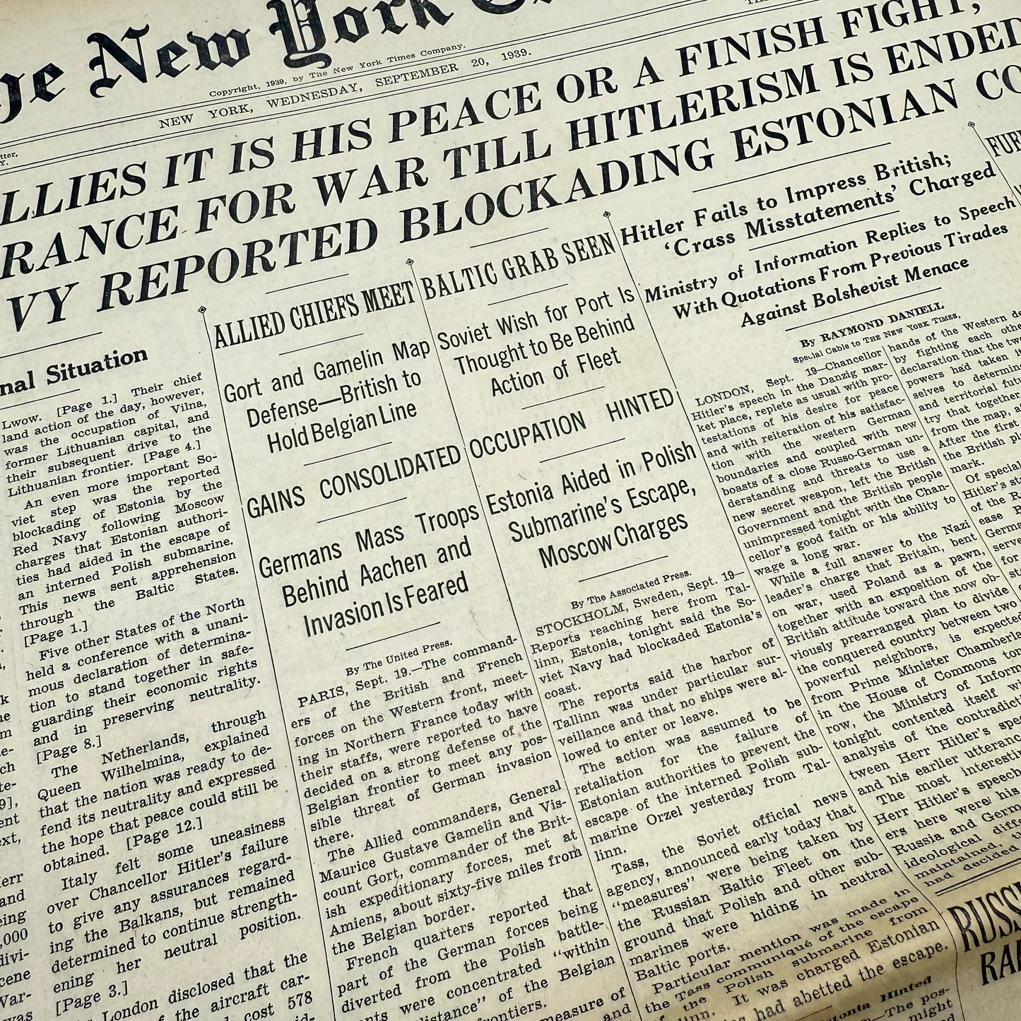 Close up view of "The New York Times coverage of WWII — September 20 and 21, 1939 — Sold as a set" from The History List Store.