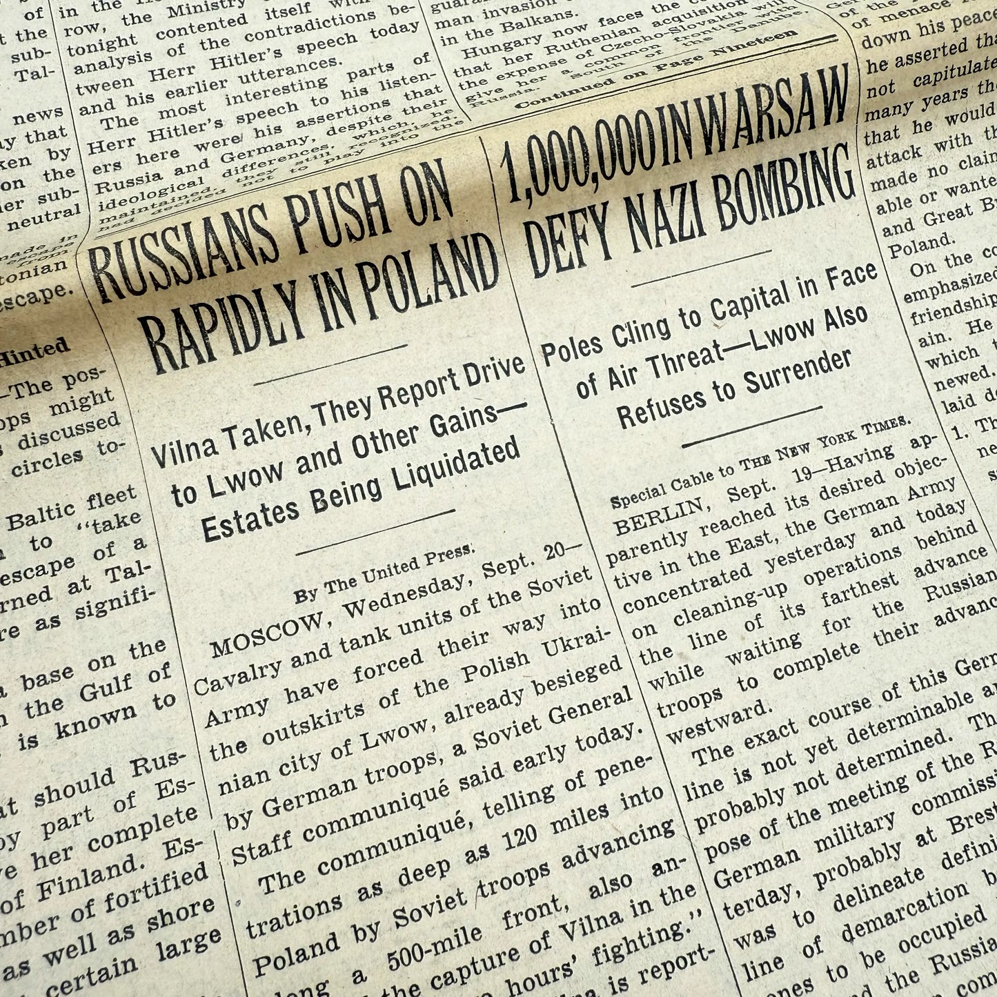 The New York Times coverage of WWII — September 20 and 21, 1939 — Sold as a set