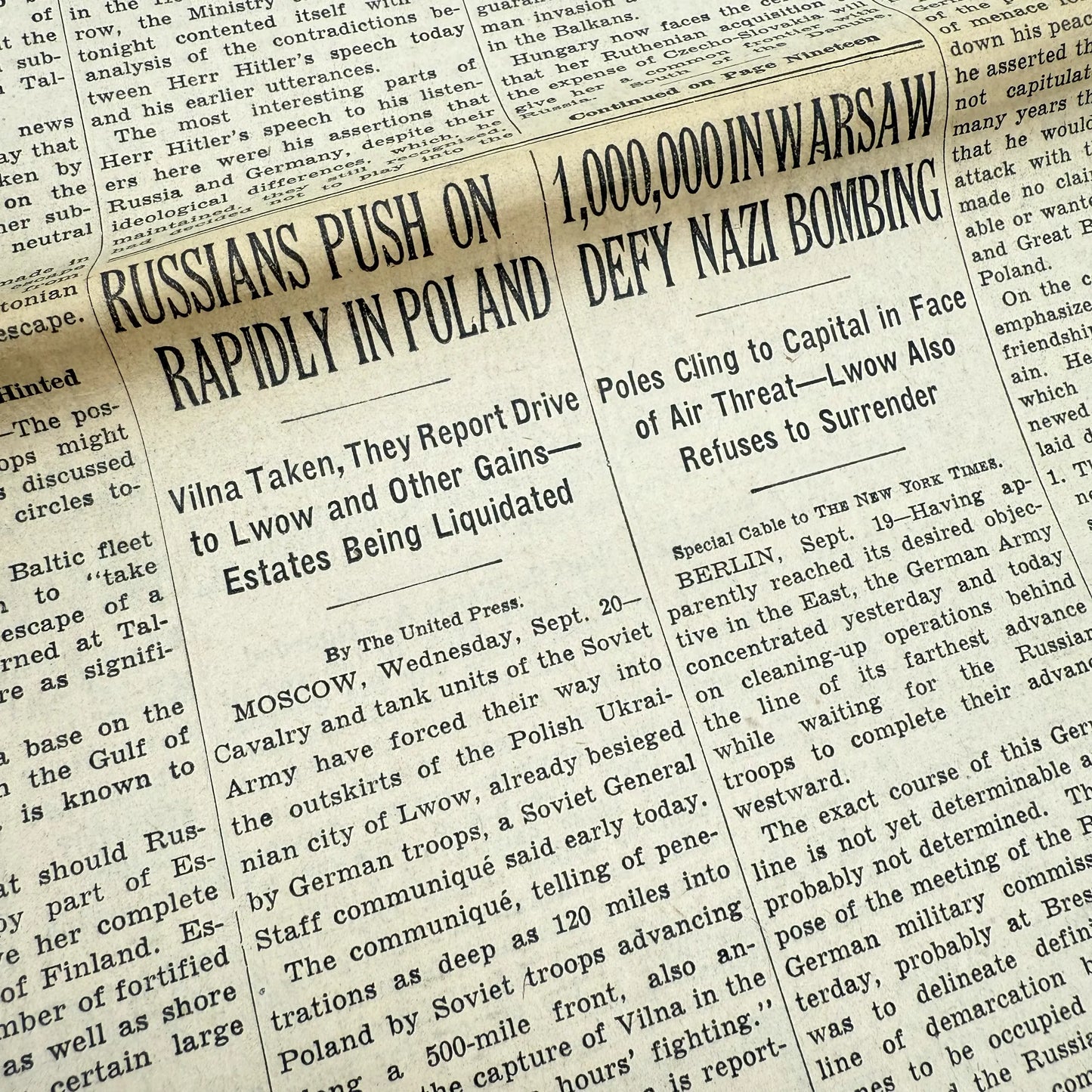 Close-up detailed photo of " The New York Times coverage of WWII — September 20 and 21, 1939 — Sold as a set" from The History List Store.