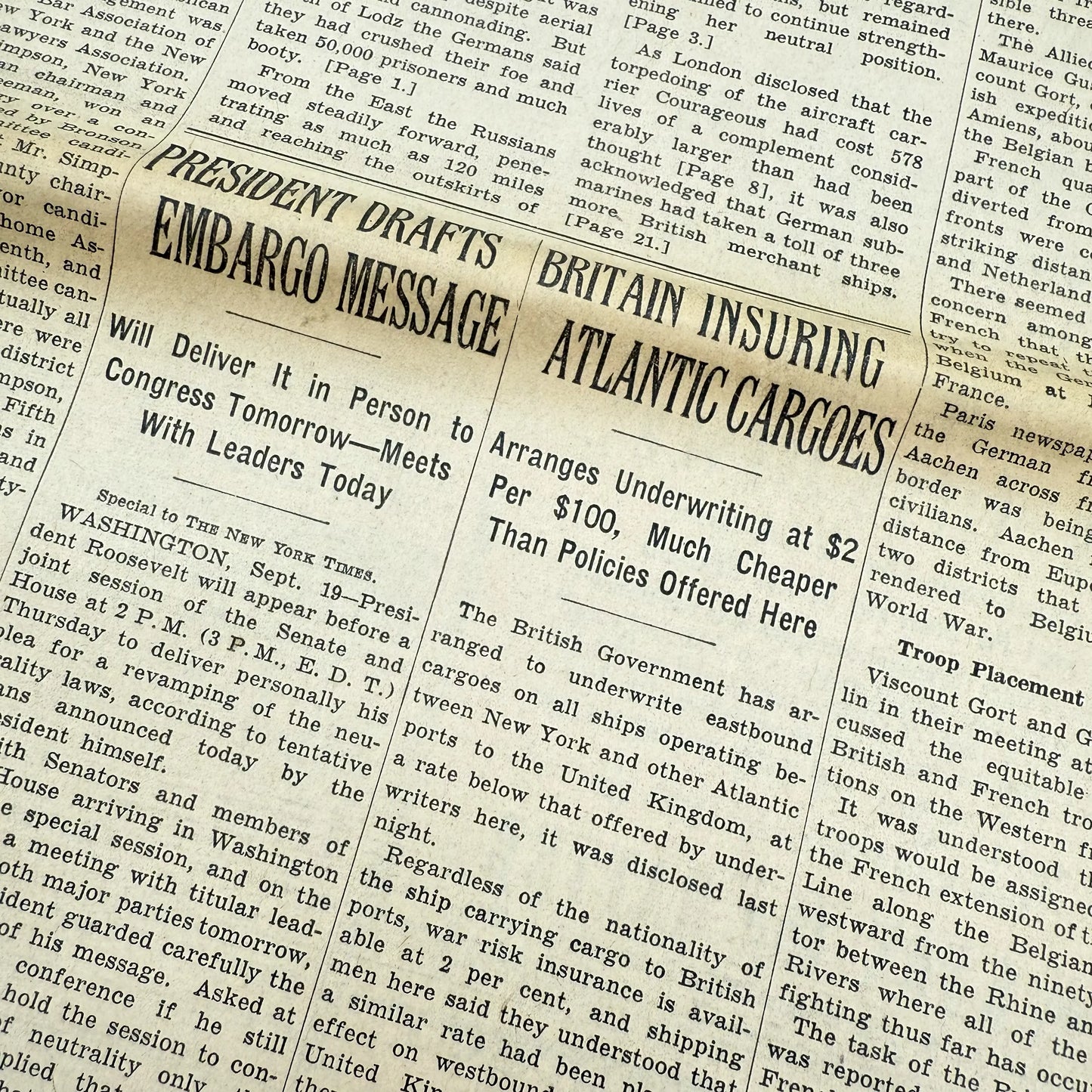 The New York Times coverage of WWII — September 20 and 21, 1939 — Sold as a set