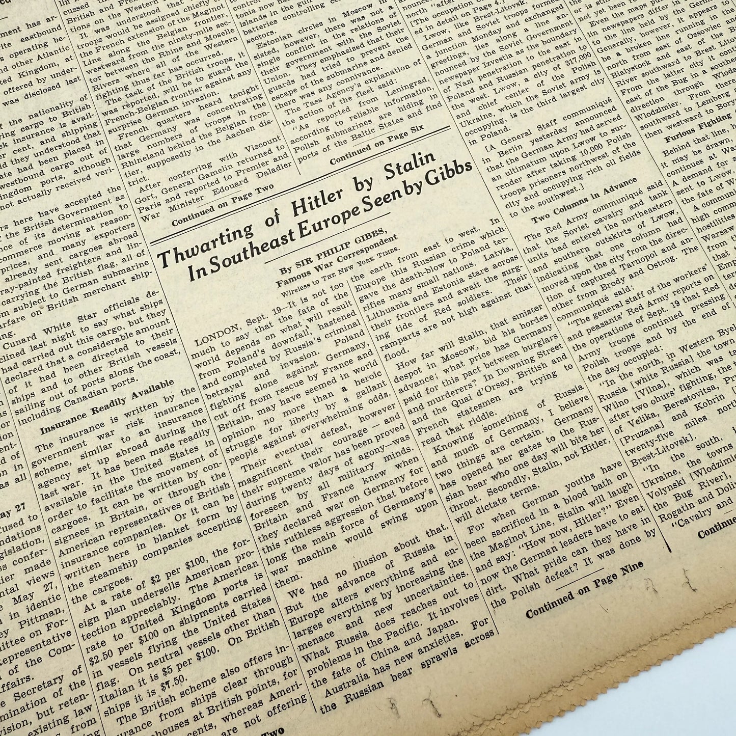 The New York Times coverage of WWII — September 20 and 21, 1939 — Sold as a set