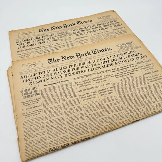 The New York Times coverage of WWII — September 20 and 21, 1939 — Sold as a set from The History List Store.
