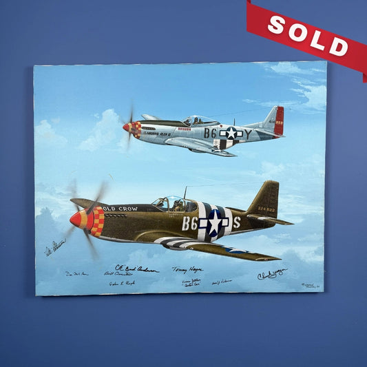 Original painting of WWII P-51 Mustangs signed by Chuck Yeager, 8 other WWII Aces