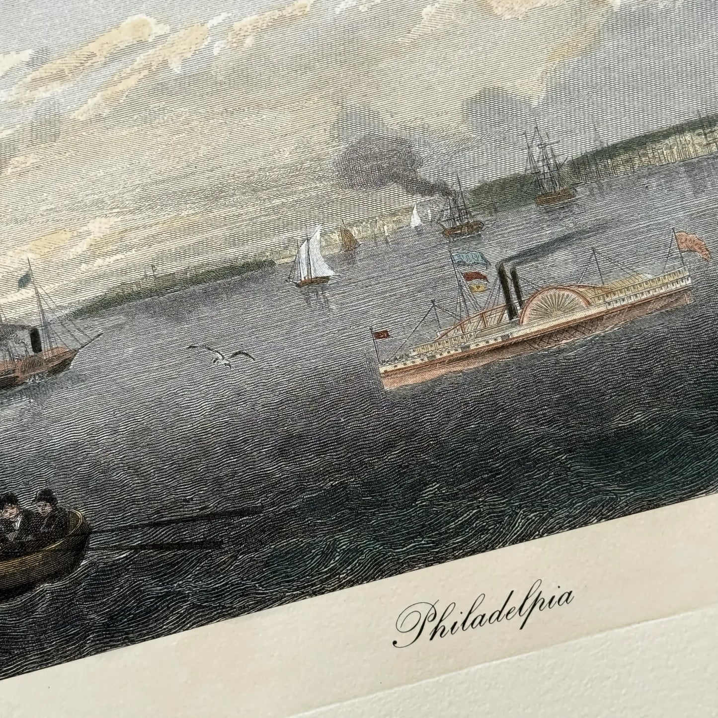 Close-up of the Restrike of hand-colored engraving of Philadelphia (19th century) from The History List store