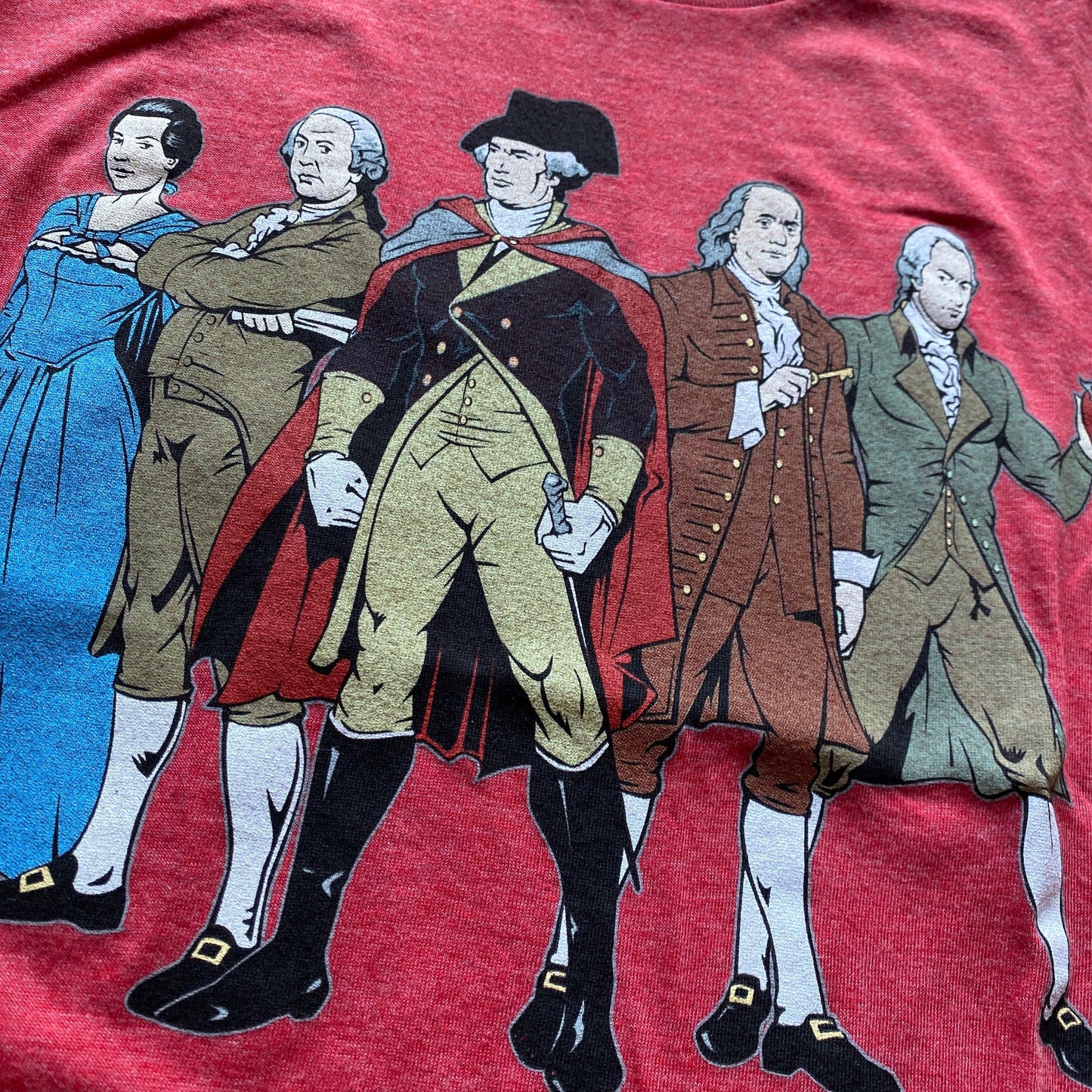 Close-up of "Revolutionary Superheroes" with George Washington T-Shirt in Youth sizes from The History List Store.