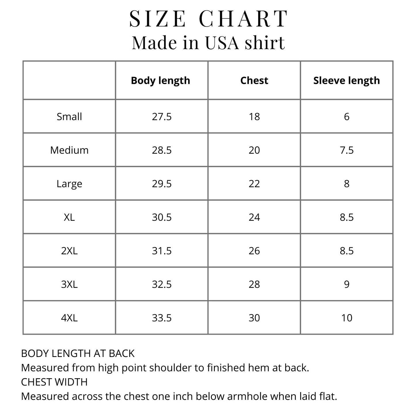 Size chart for the Teddy Roosevelt “I’m ready to vote for Teddy” presidential campaign shirt — Made in America from The History List store