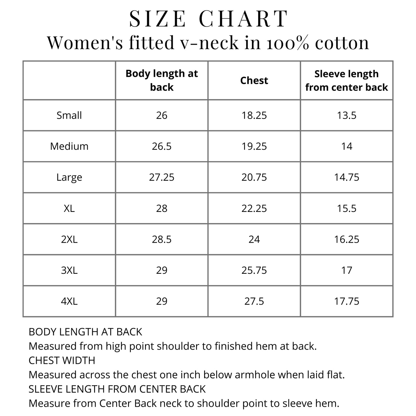 Size chart of Women's fitted v-neck shirt from The History List store