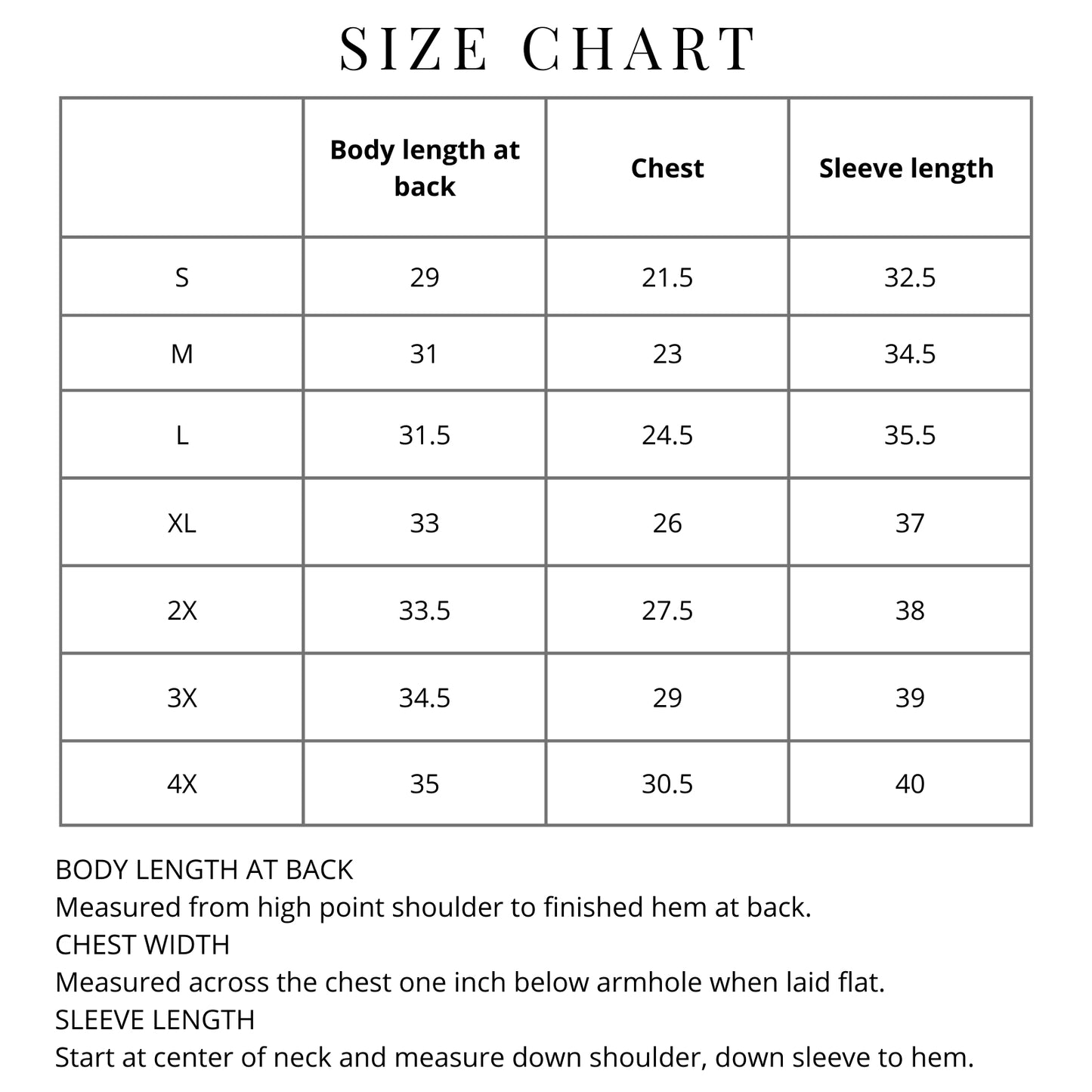 Size chart "Sons of Liberty" 1776 Long sleeve button down shirt from The History List Store.